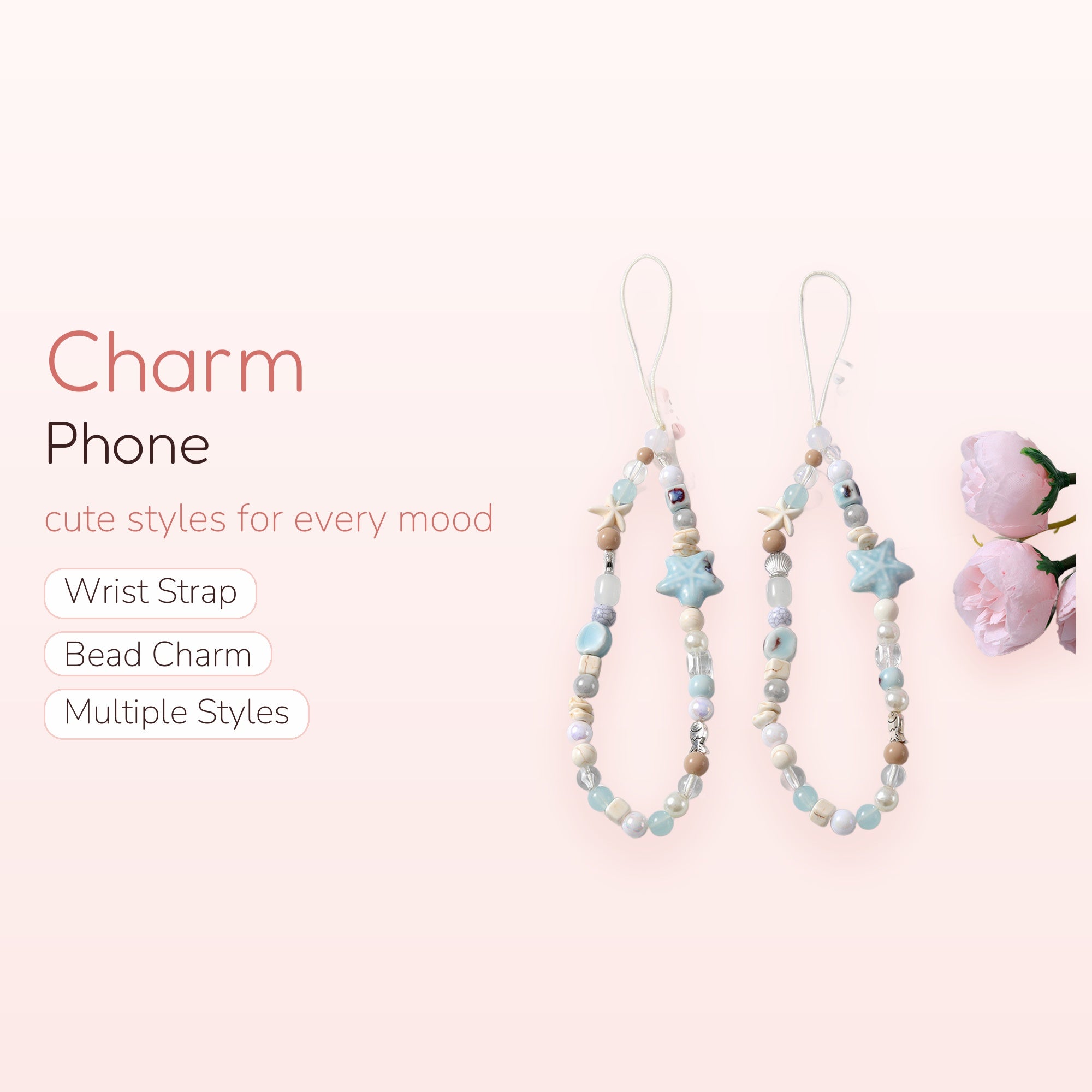 Aesthetic Starfish & Seashell Phone Charm Strap | Pastel Beaded Wrist Lanyard