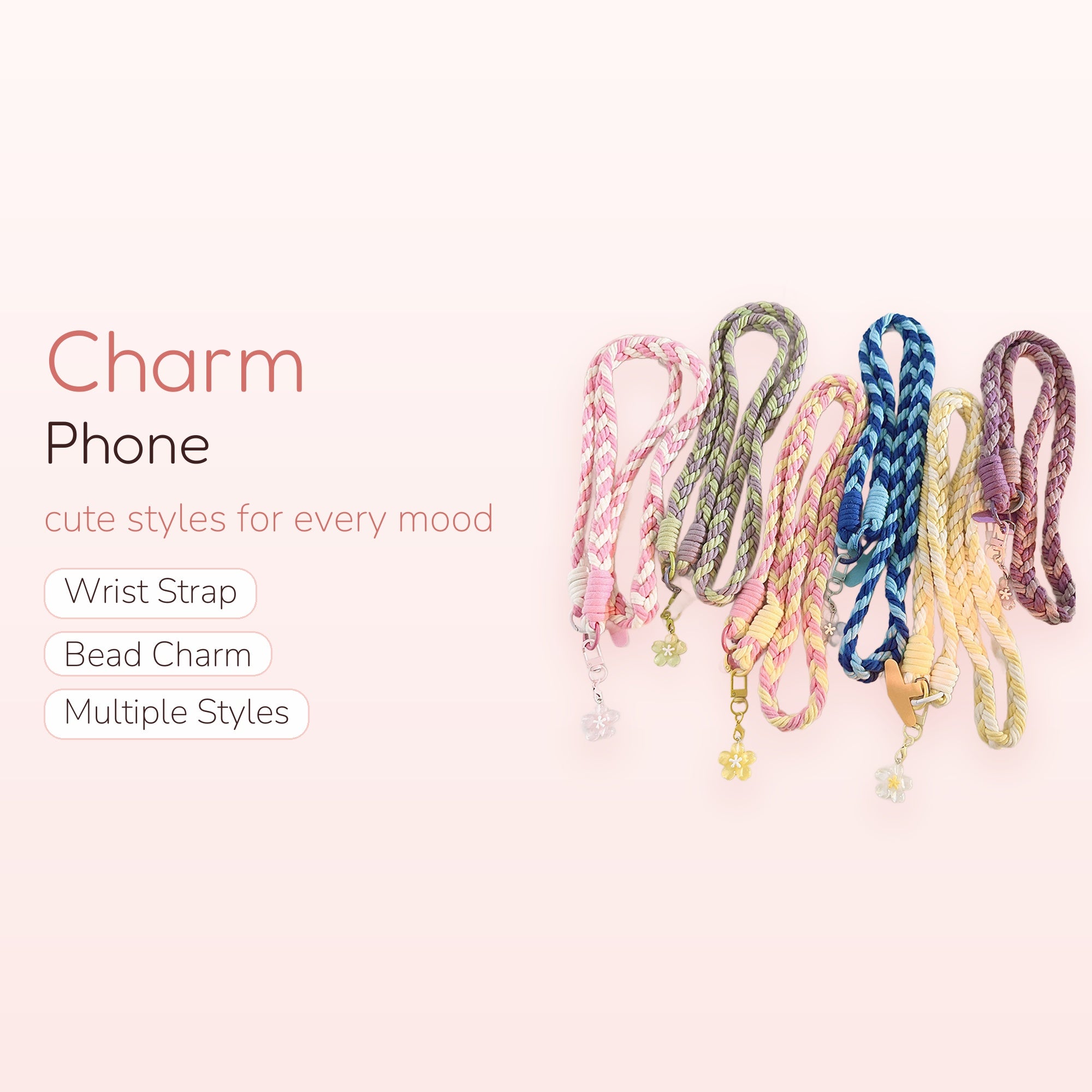 Braided Cotton Phone Charm Lanyard | Pastel Woven Wrist Strap with Flower Charms