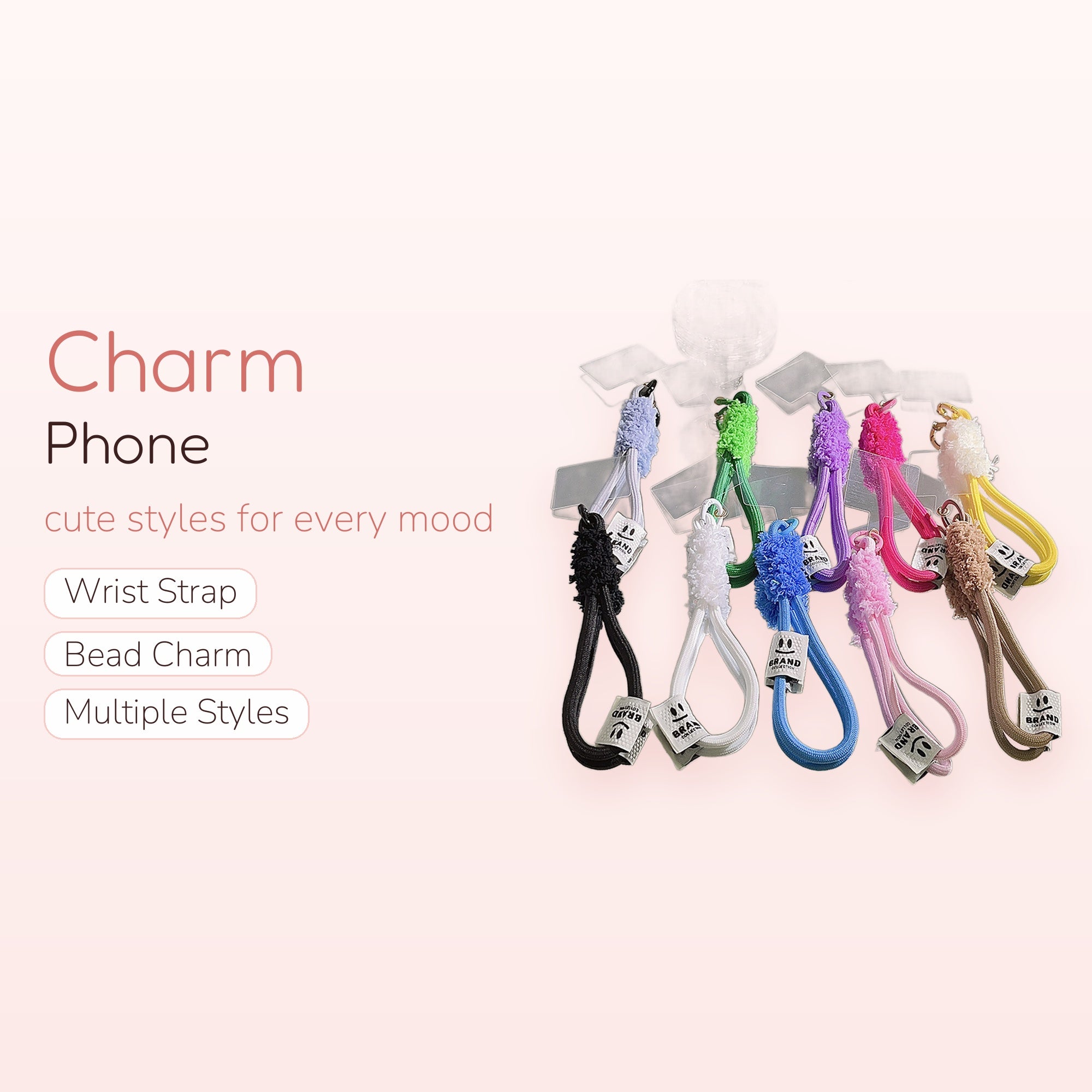Cute Fluffy & Cord Phone Charm Strap | Colorful Wrist Lanyard with Smiley Tag