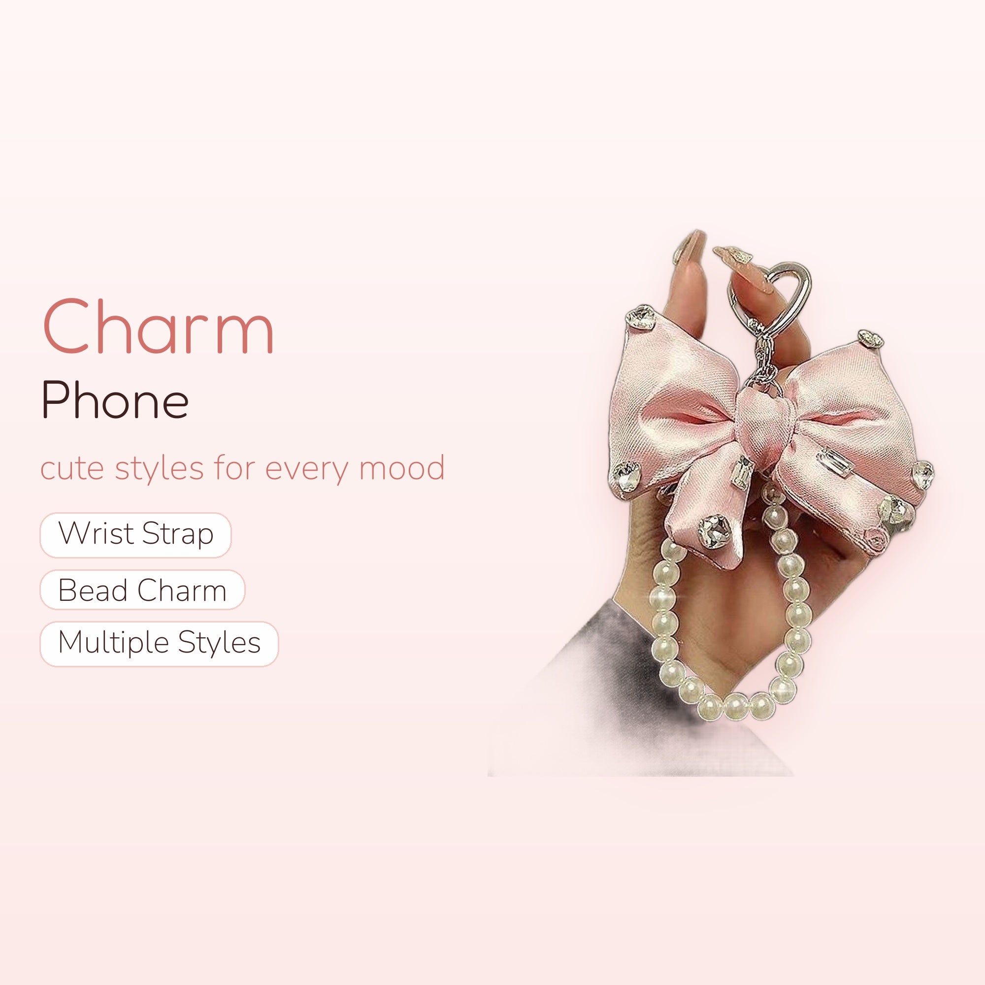 Pink Bow Pearl Phone Charm | Kawaii Rhinestone Wrist Strap