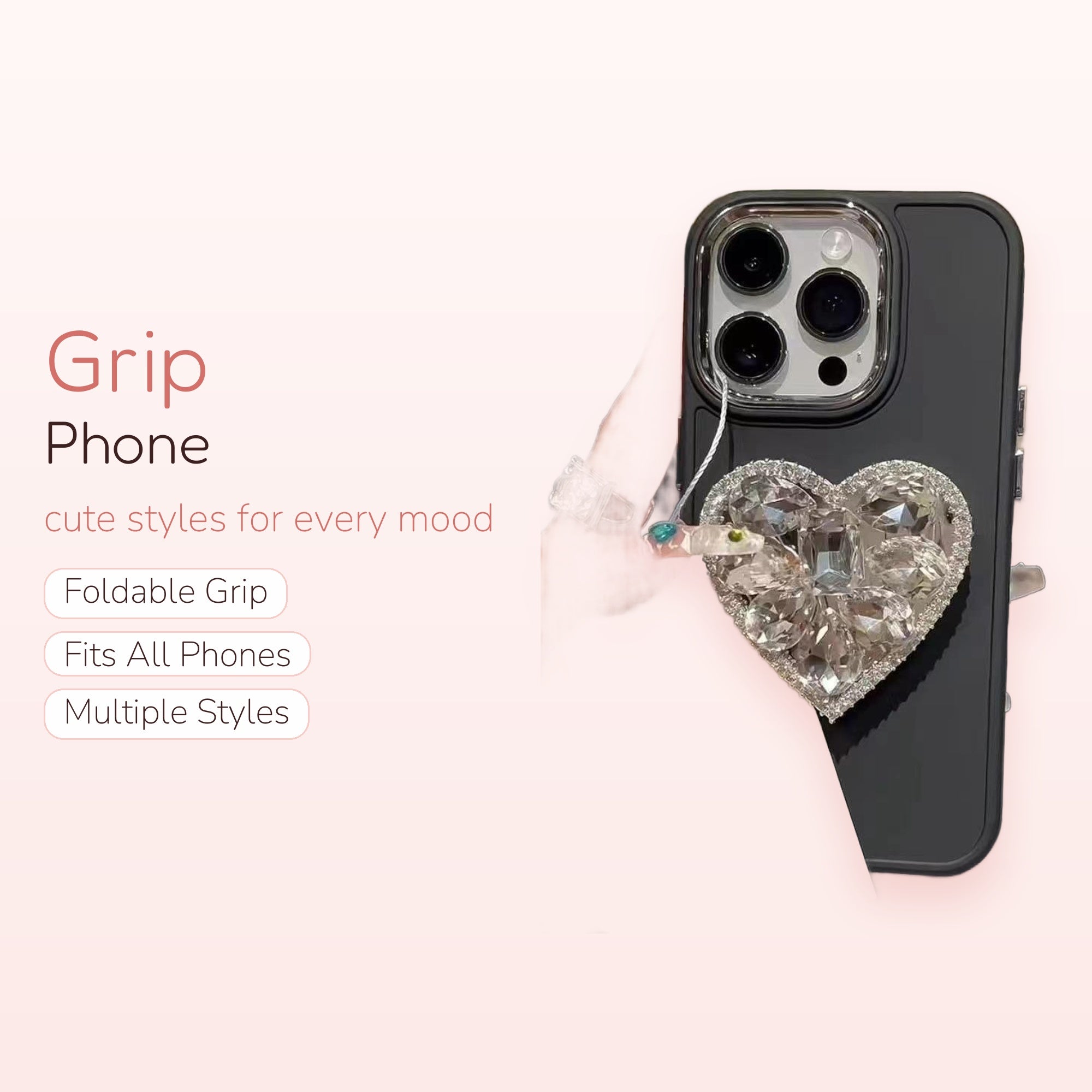 Sparkly Crystal Heart Phone Grip | Cute Rhinestone Pop Socket Stand