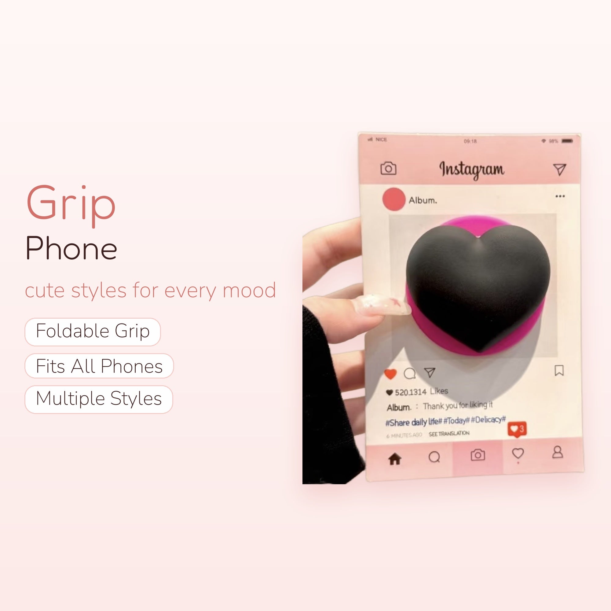 Black Heart Instagram Post Phone Grip | Aesthetic Pop Socket Stand