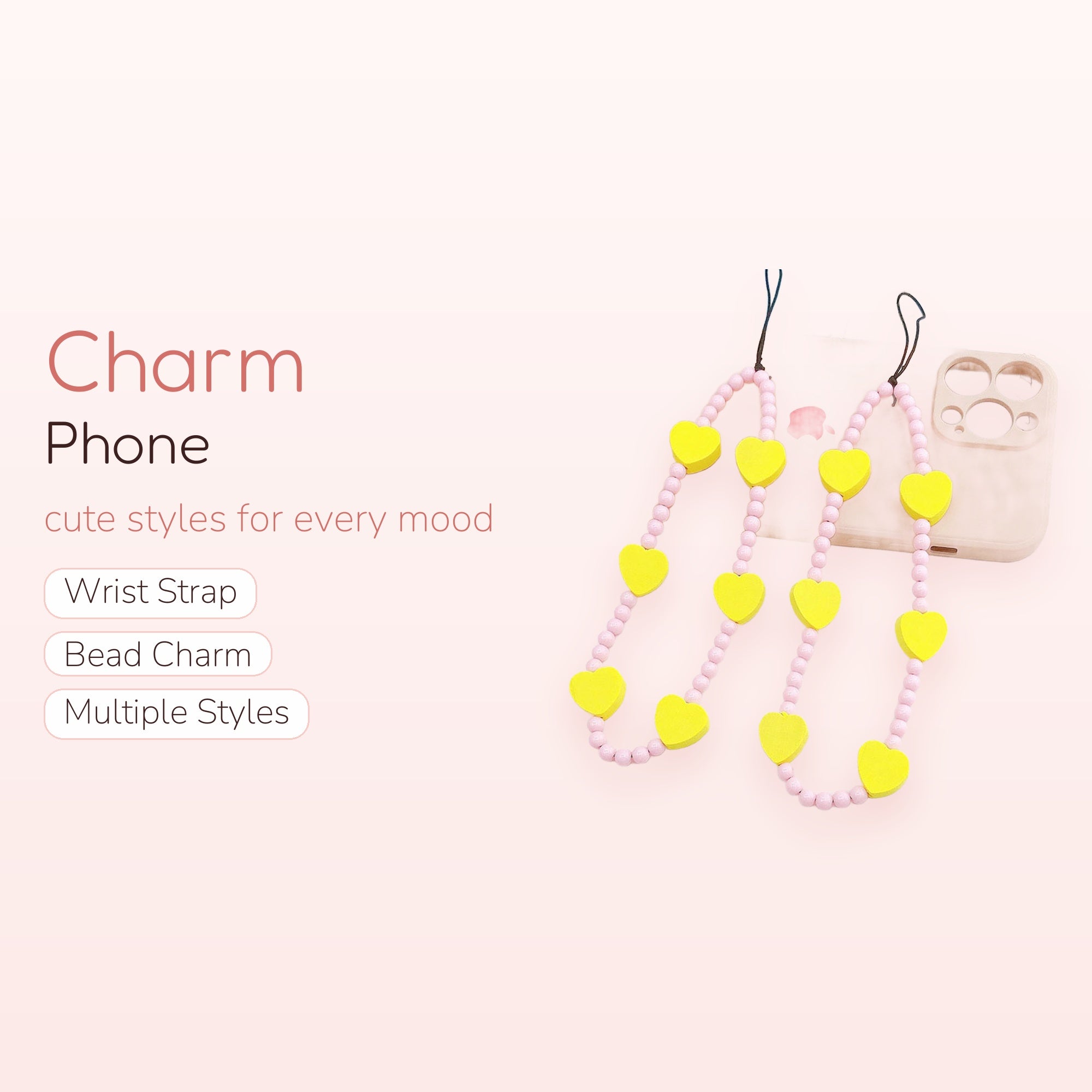 Sun & Sugar — Yellow Heart & Pink Beaded Phone Charm Wrist Strap