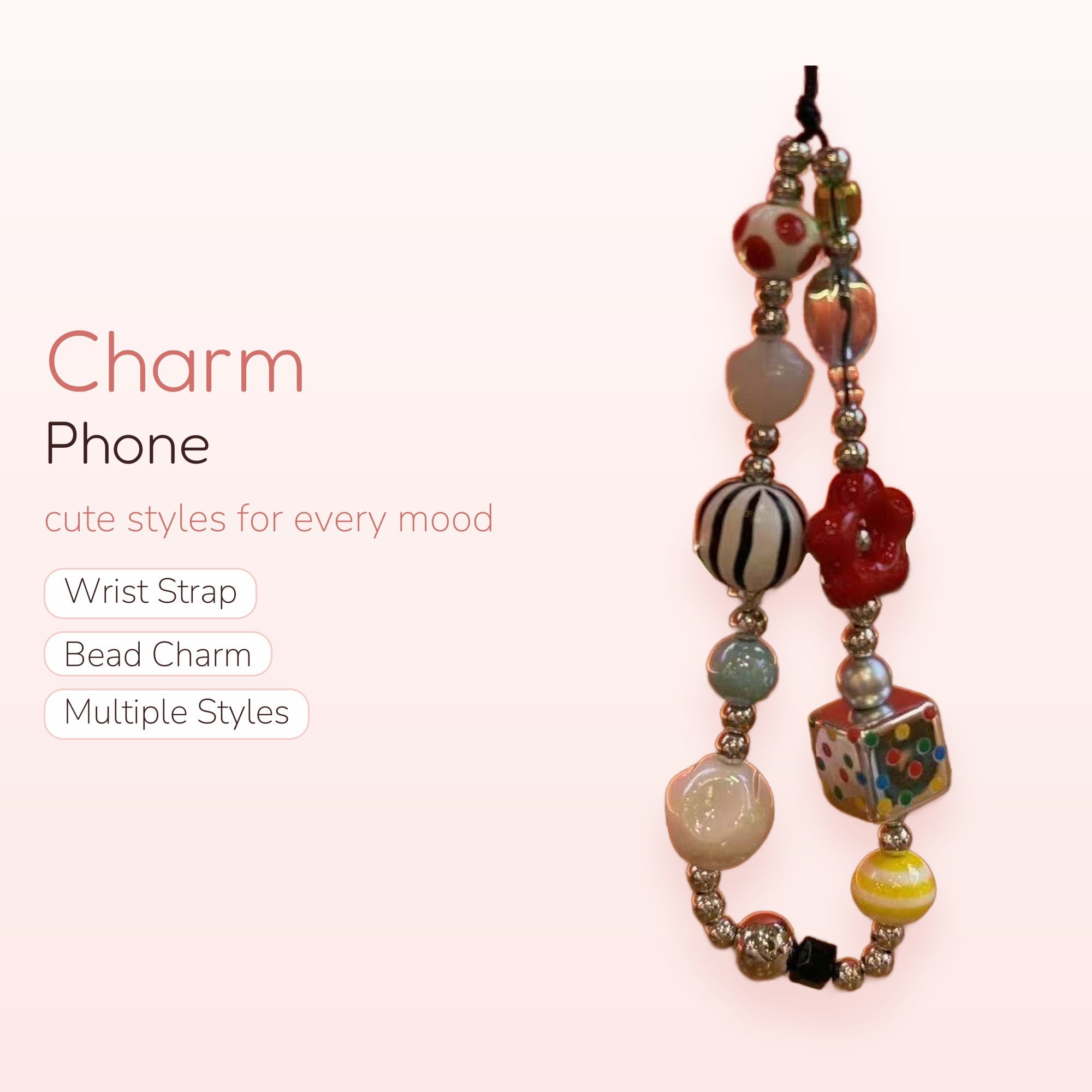 Colorful Beaded Phone Charm Strap | Kawaii Dice & Flower Wrist Lanyard