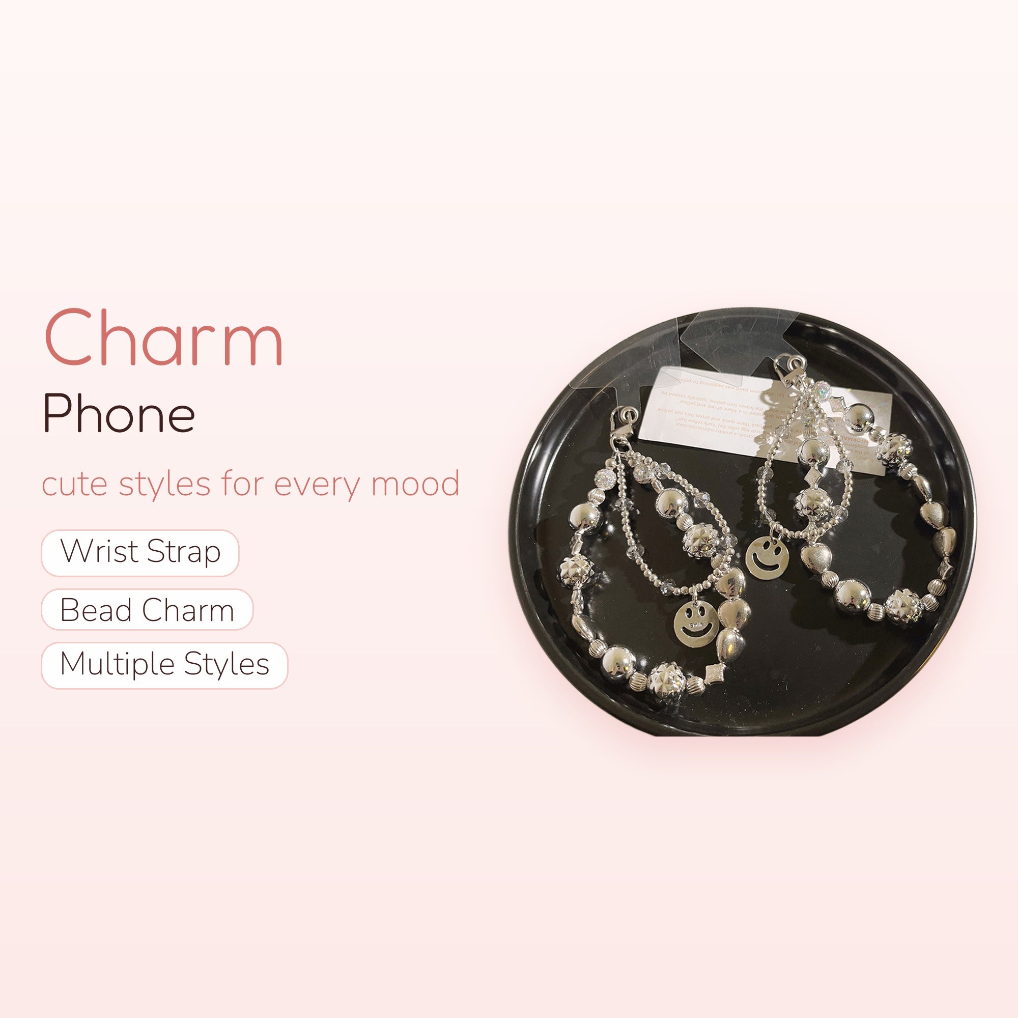 Silver Beaded Smiley Face Phone Charm | Y2K Aesthetic Wrist Lanyard