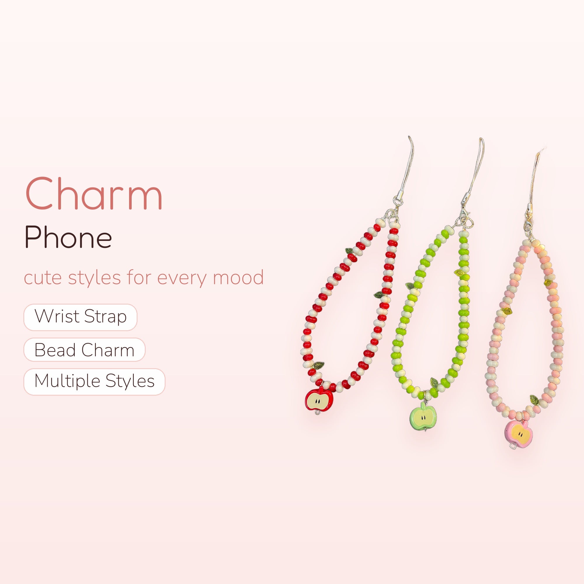 Cute Apple Beaded Phone Charm Strap | Kawaii Fruit Wrist Lanyard