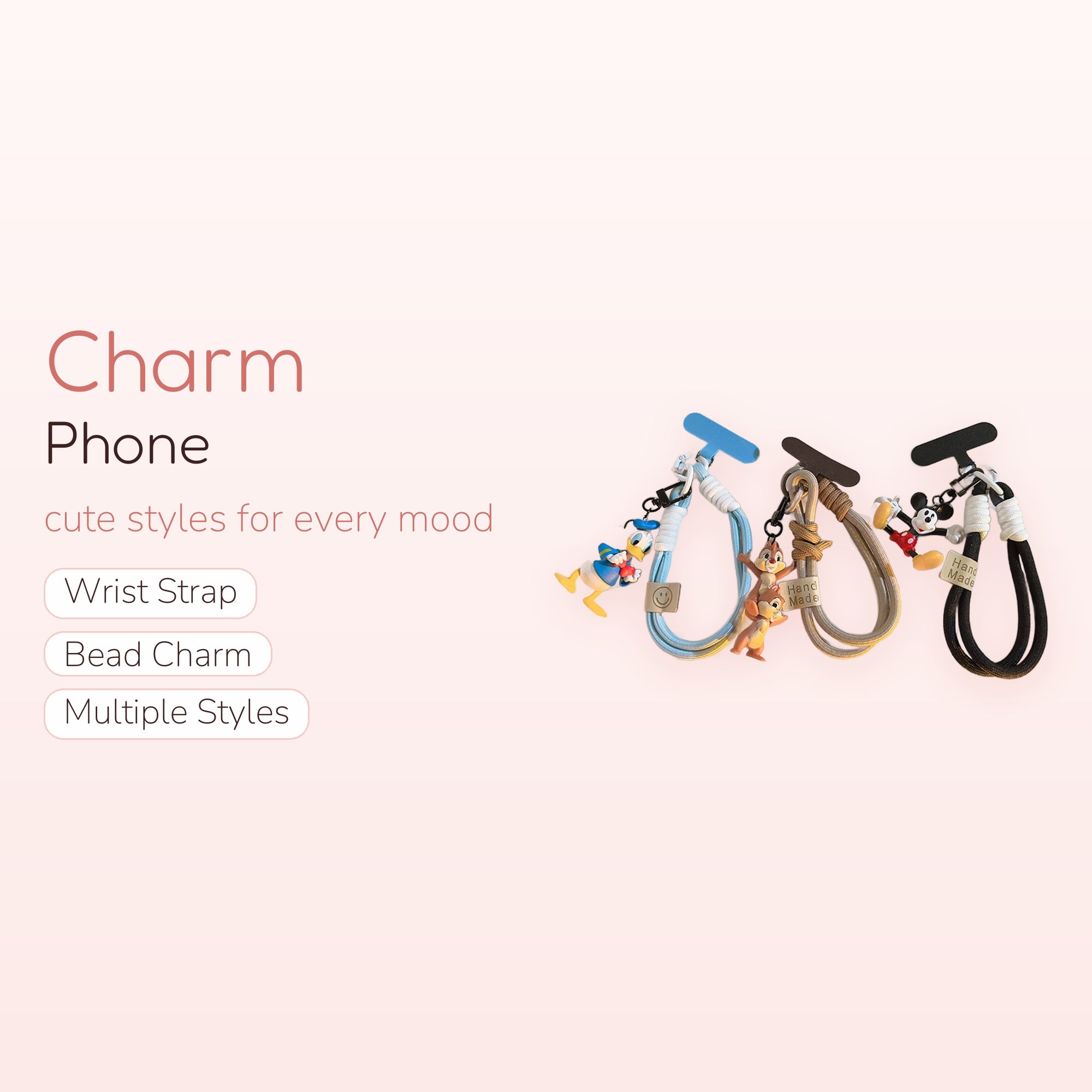 Kawaii Disney Character Phone Charm Strap | Braided Rope Wrist Lanyard with T-Bar