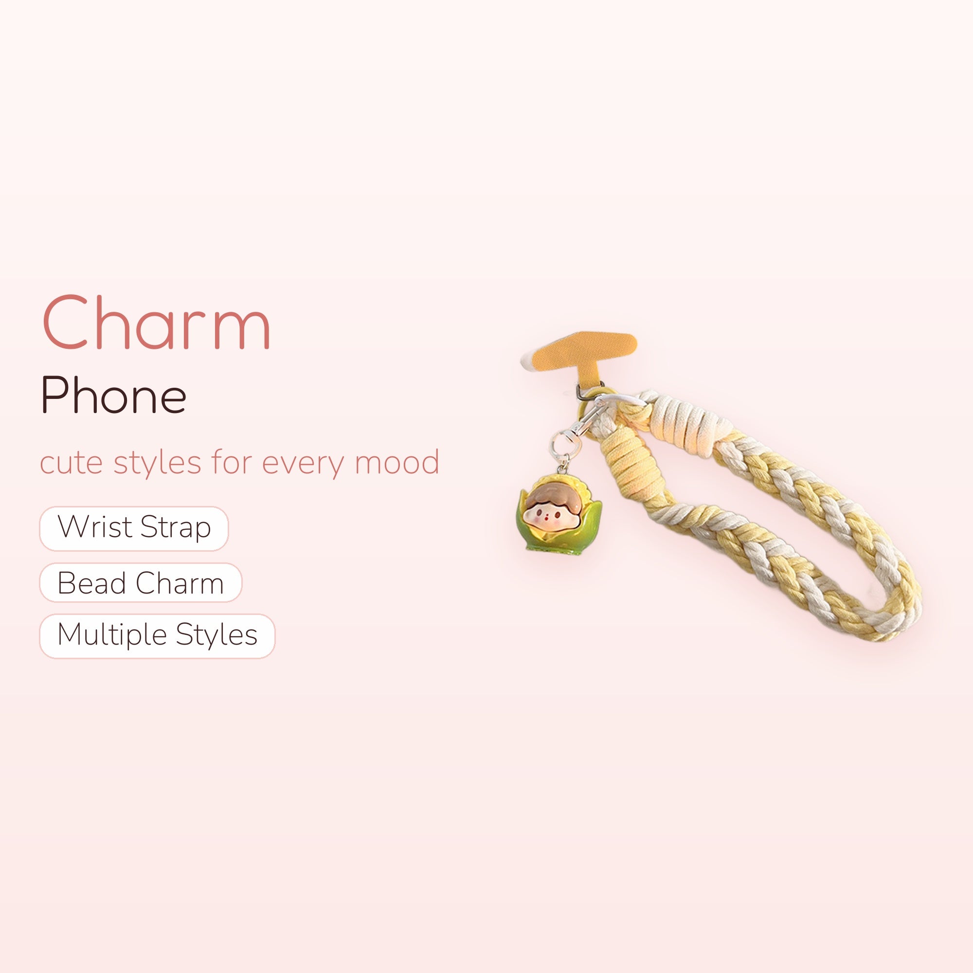 Cute Braided Wrist Phone Charm | Yellow & White Lanyard with Corn Character