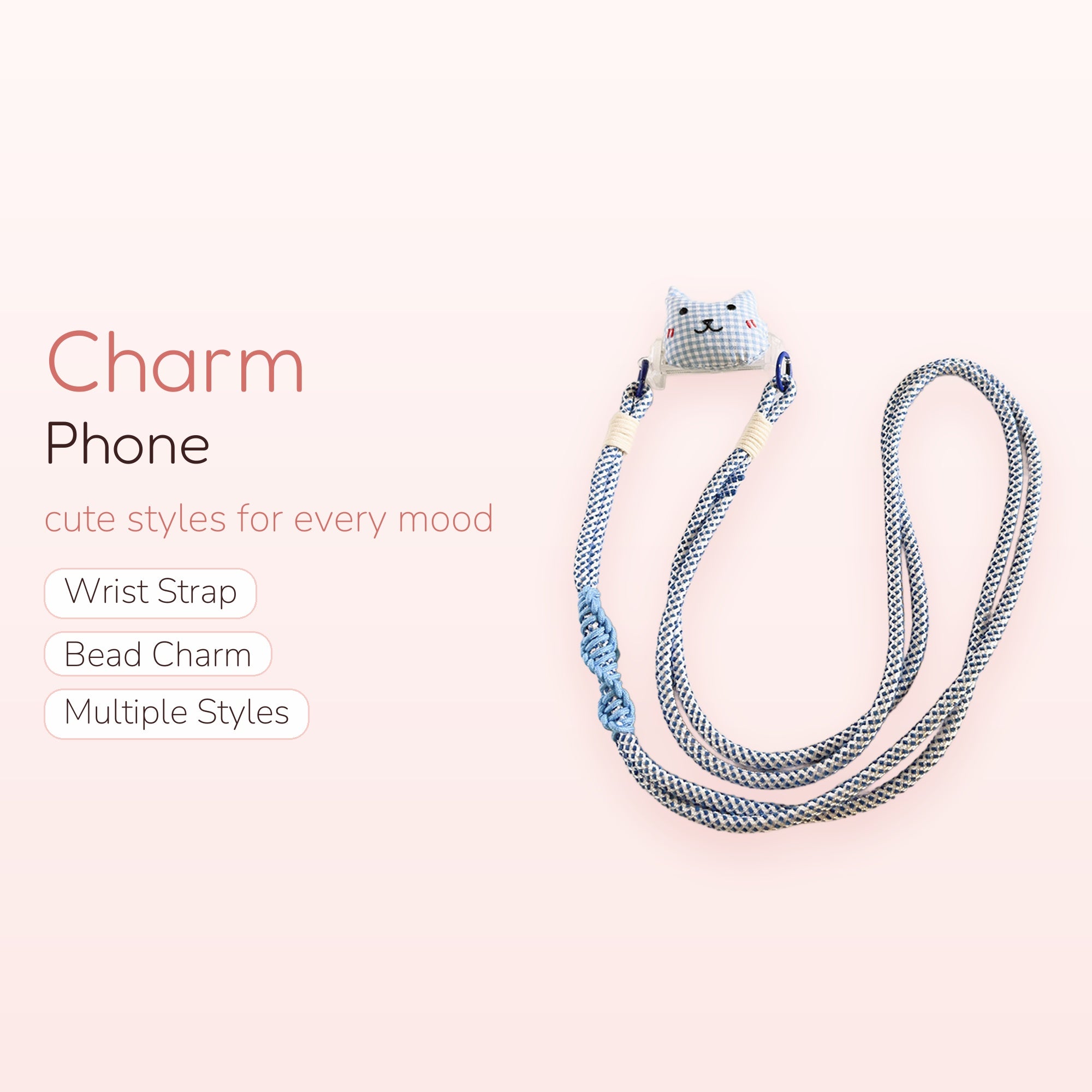 Cute Blue Gingham Cat Phone Lanyard | Aesthetic Plaid Fabric Phone Strap