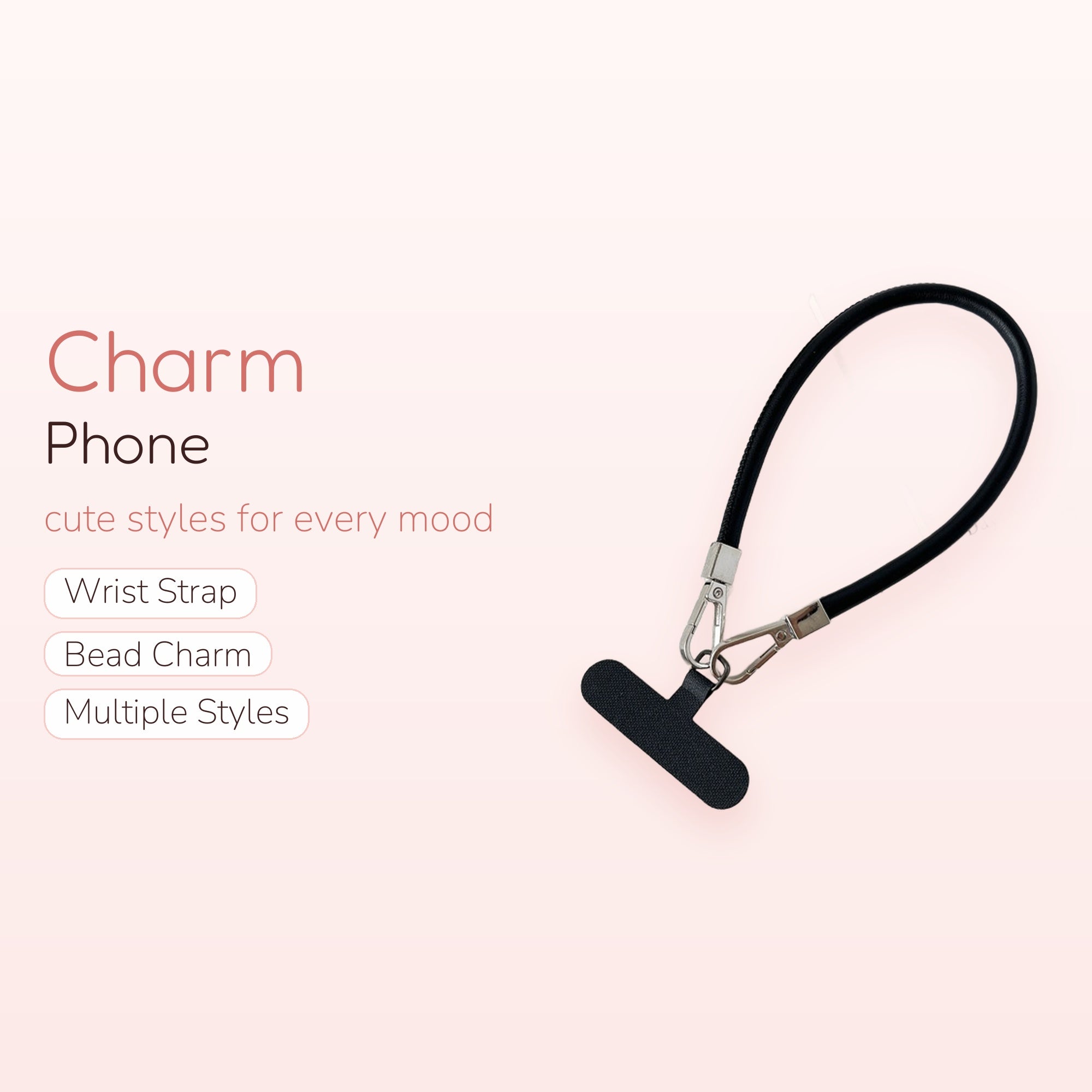 Black Leather Phone Charm Strap | Minimalist Wrist Lanyard