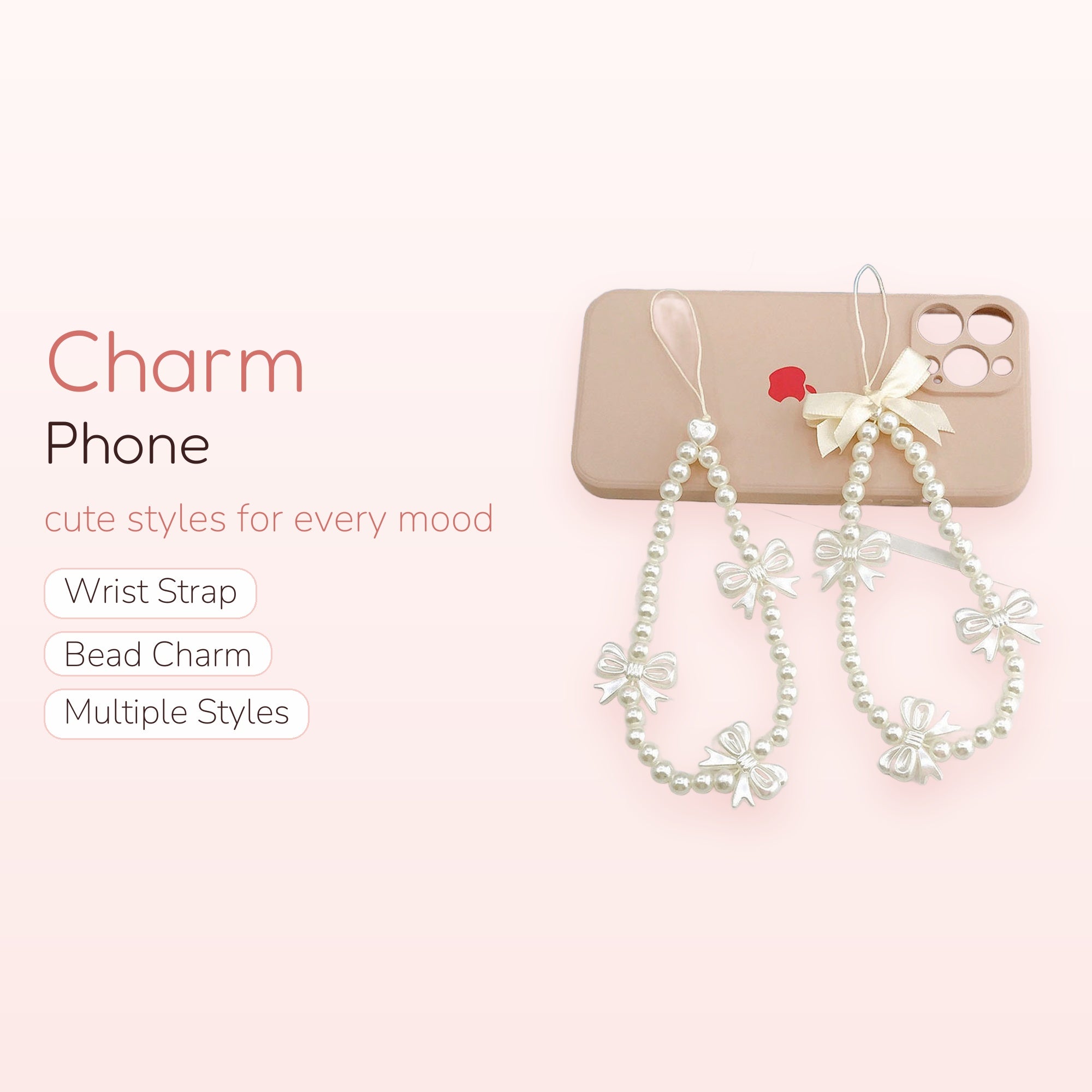 Aesthetic Pearl & Bow Phone Charm Strap | Cute Beaded Wrist Lanyard