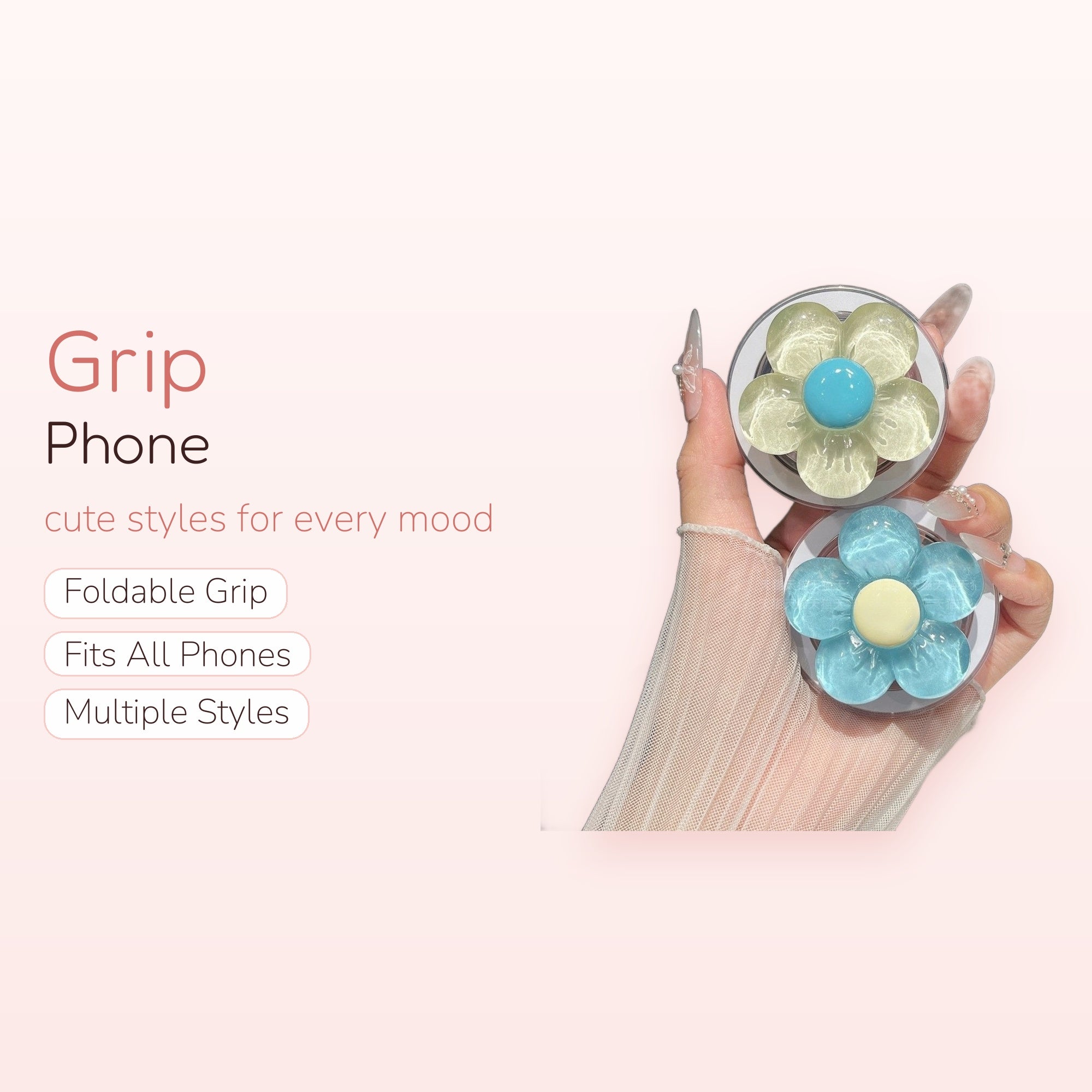 Clear Daisy Flower Phone Grip | Cute Pastel Blue & Yellow Pop Socket Stand