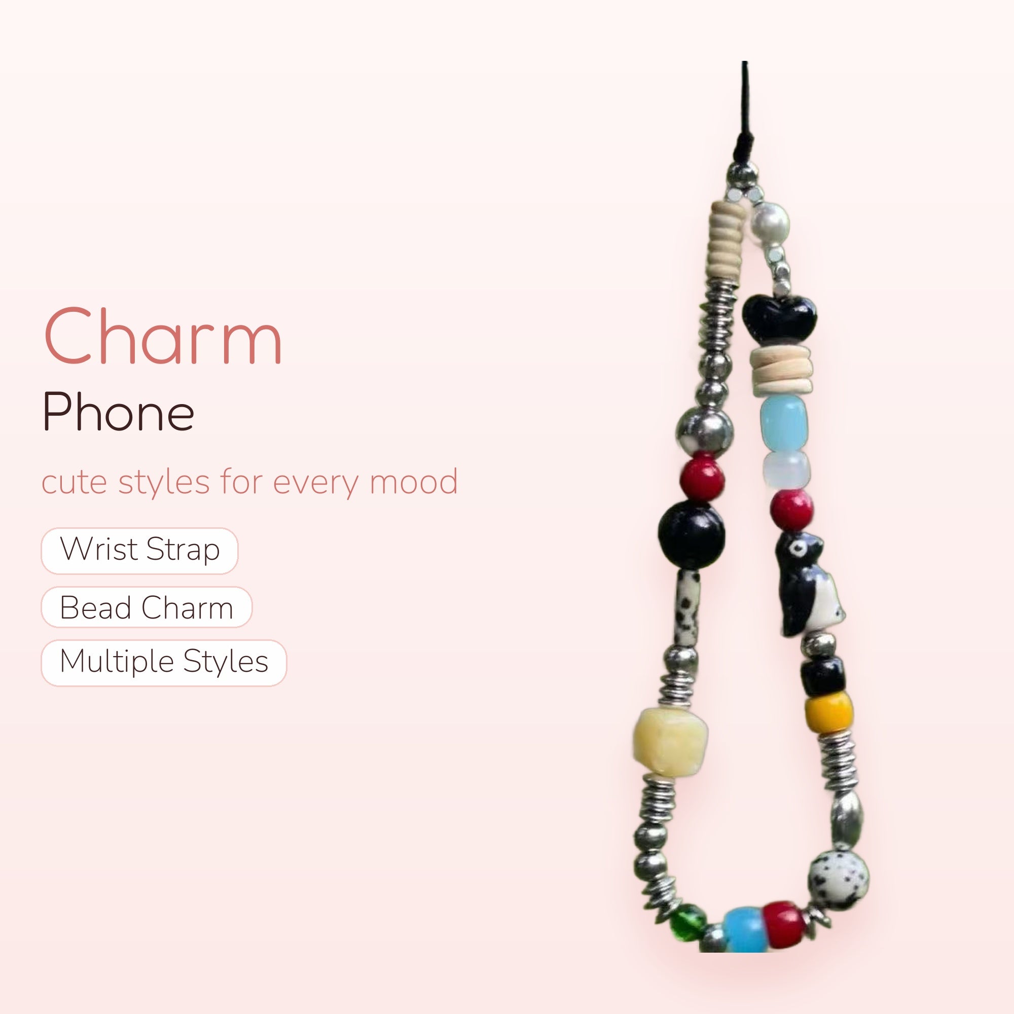 Cute Beaded Phone Charm Strap | Black Heart & Penguin Charm Lanyard
