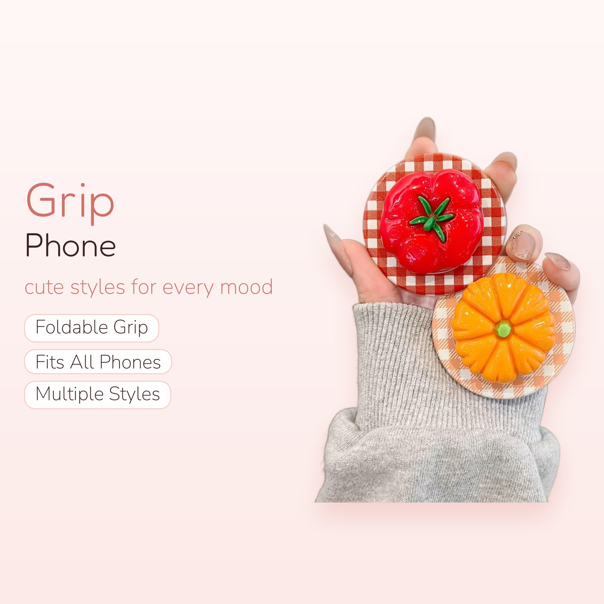 Cute Tomato & Pumpkin Phone Grip | Kawaii Gingham Pop Socket Stand