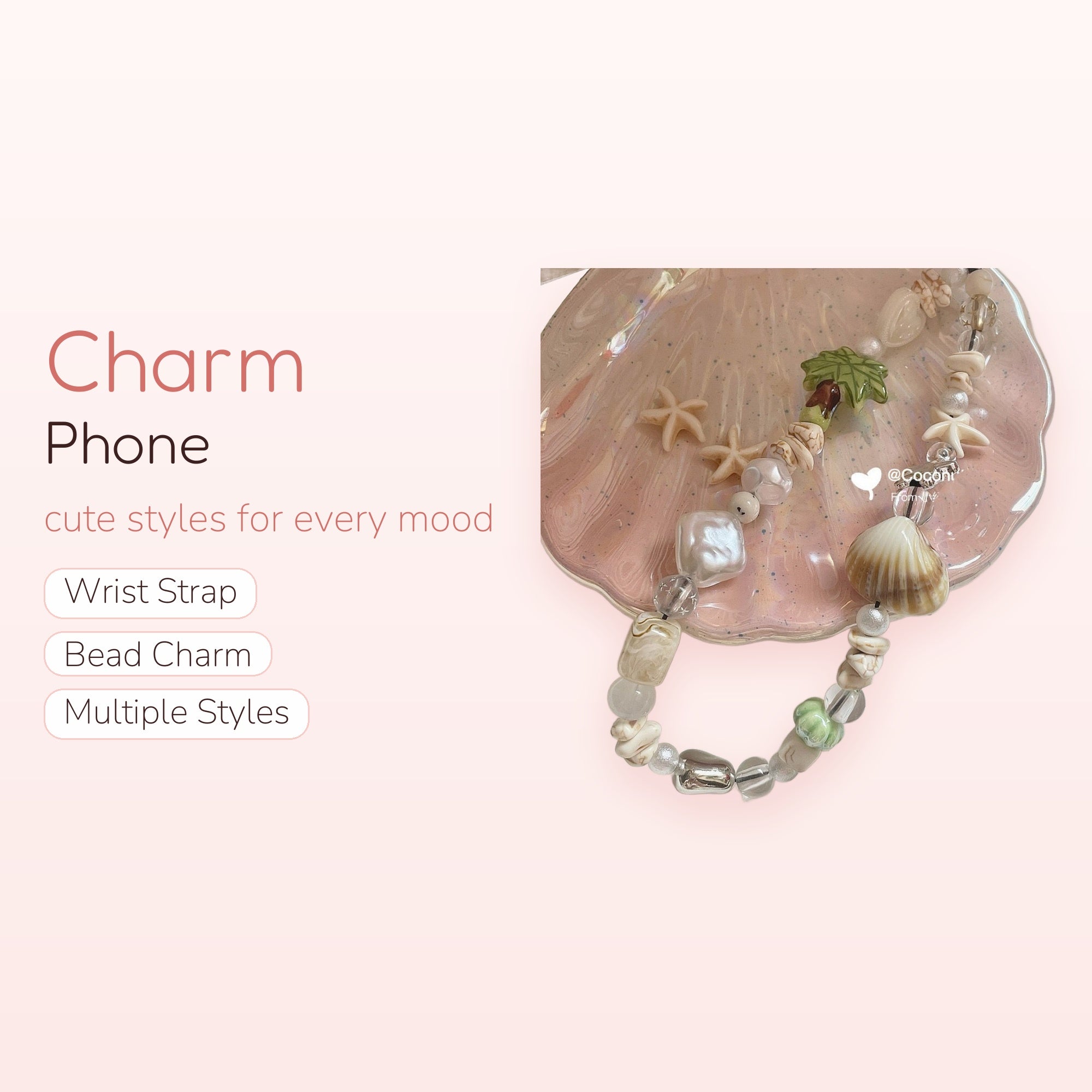 Oceanic Shell & Pearl Phone Charm | Beachy Beaded Wrist Lanyard