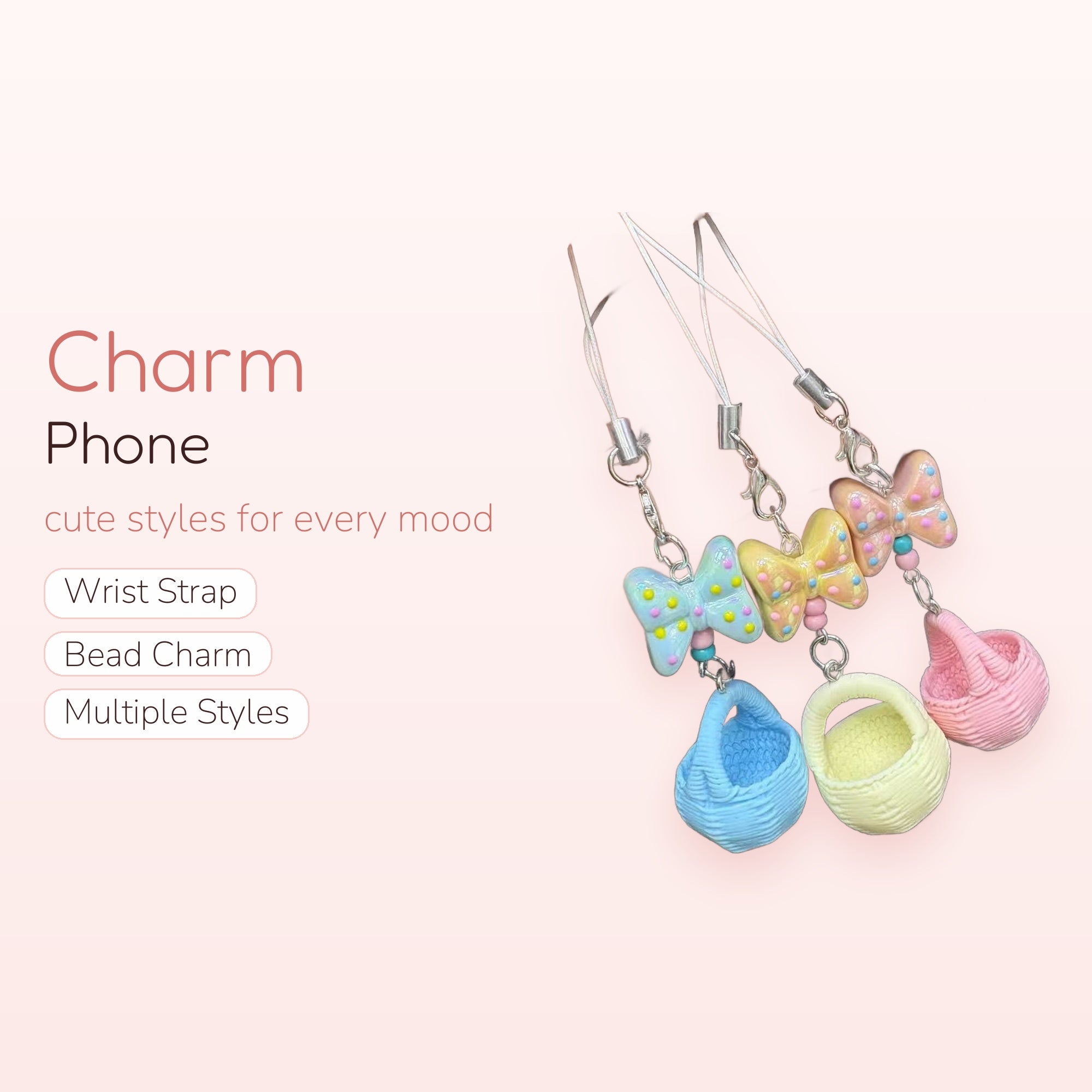 Pastel Bow & Basket Phone Charm | Kawaii Polka Dot Mini Basket Strap