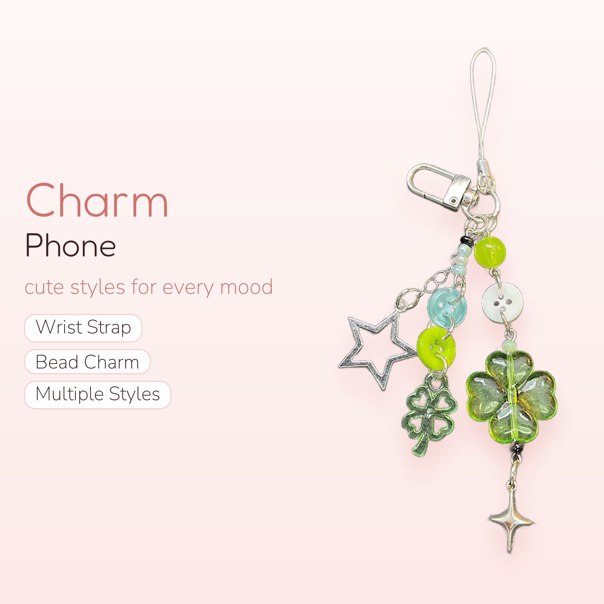 Four Leaf — Green Clover & Star Beaded Phone Charm Wrist Strap