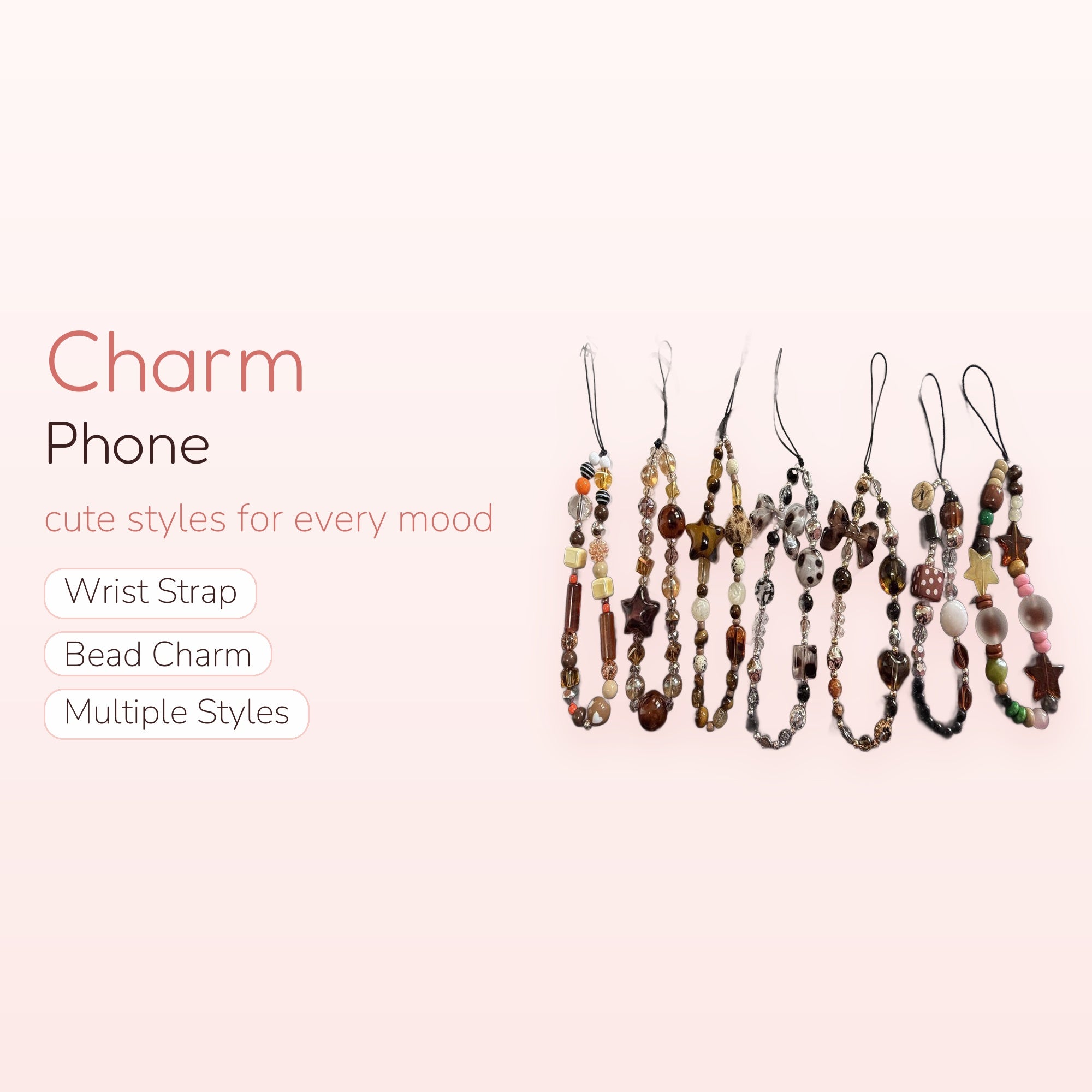 Aesthetic Beaded Phone Charm Straps | Brown & Neutral Tones with Stars & Bows