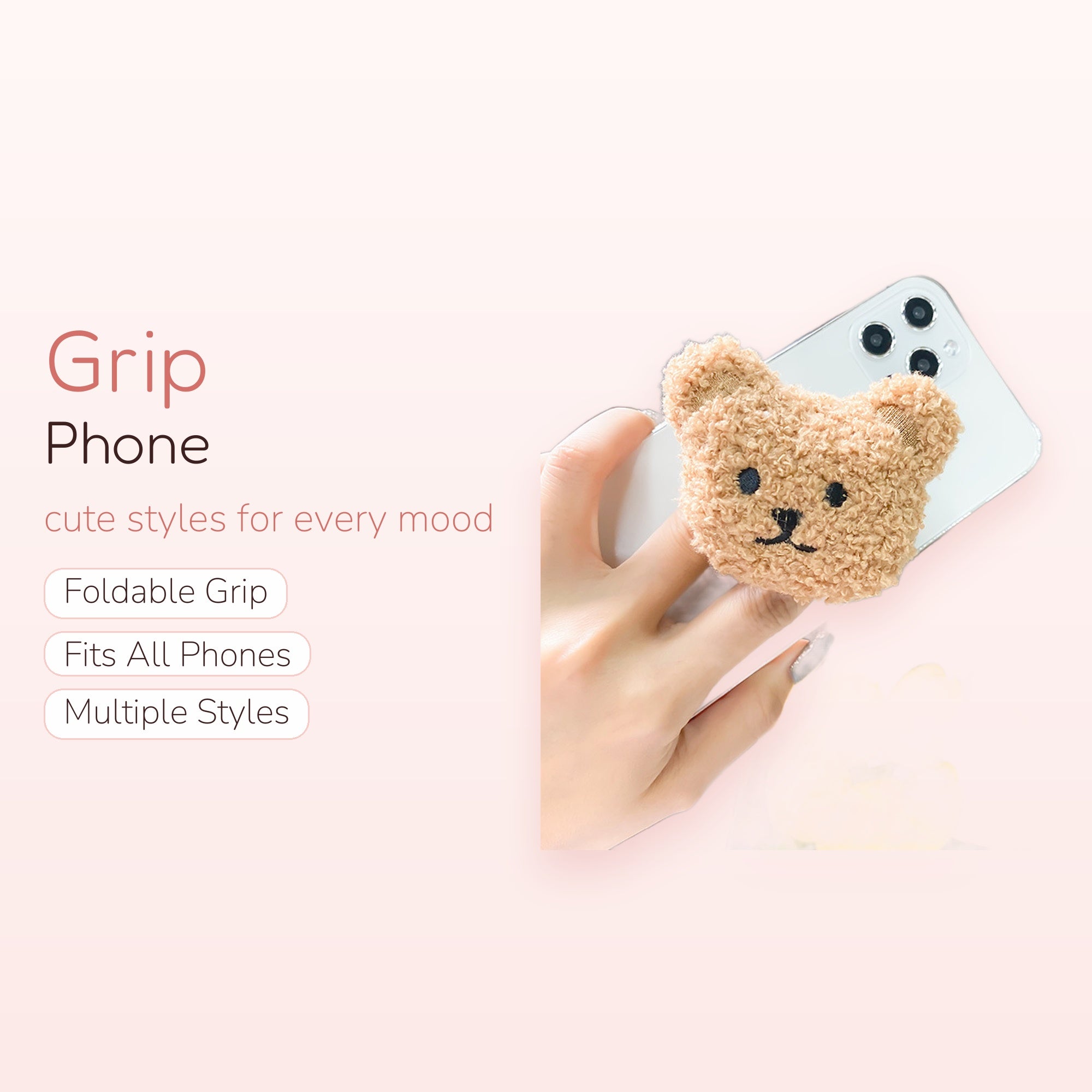 Cute Fluffy Teddy Bear Phone Grip | Kawaii Plush Pop Socket Stand