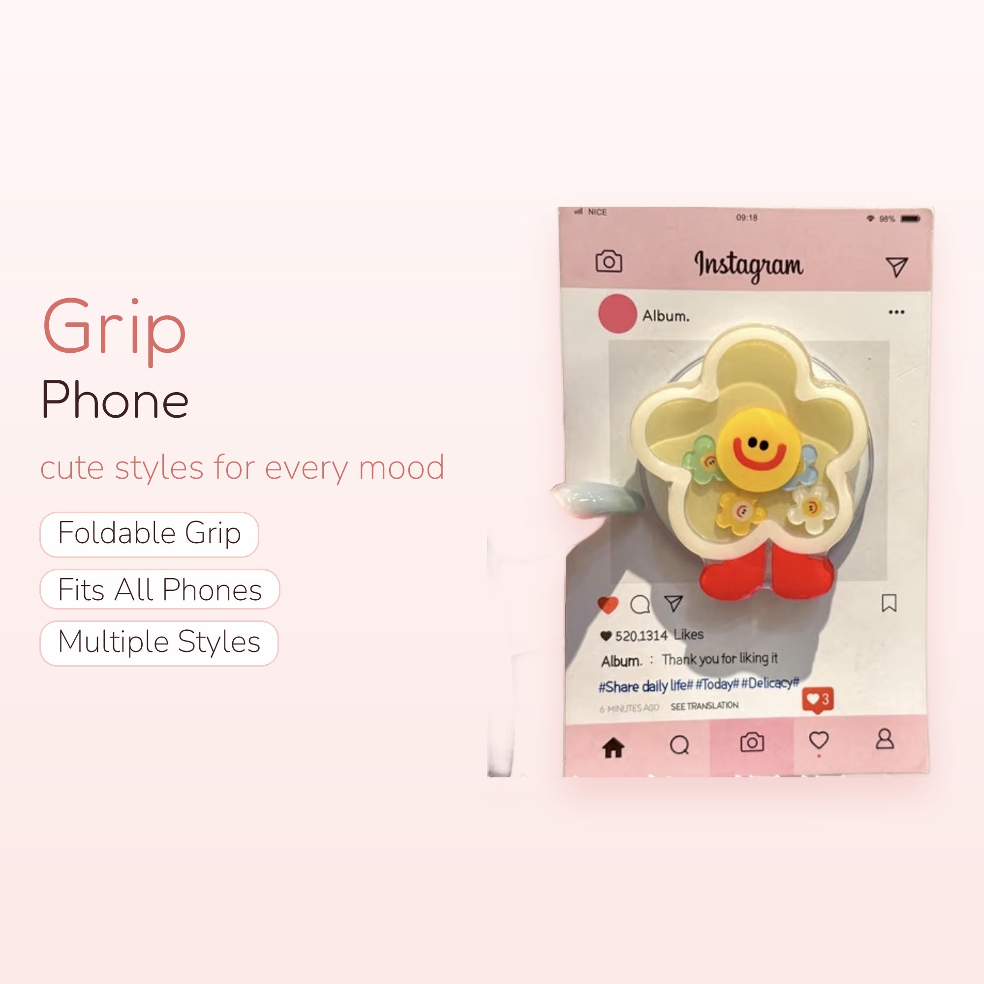 Cute Yellow Flower Phone Grip | Kawaii Smiley Face Pop Socket Stand