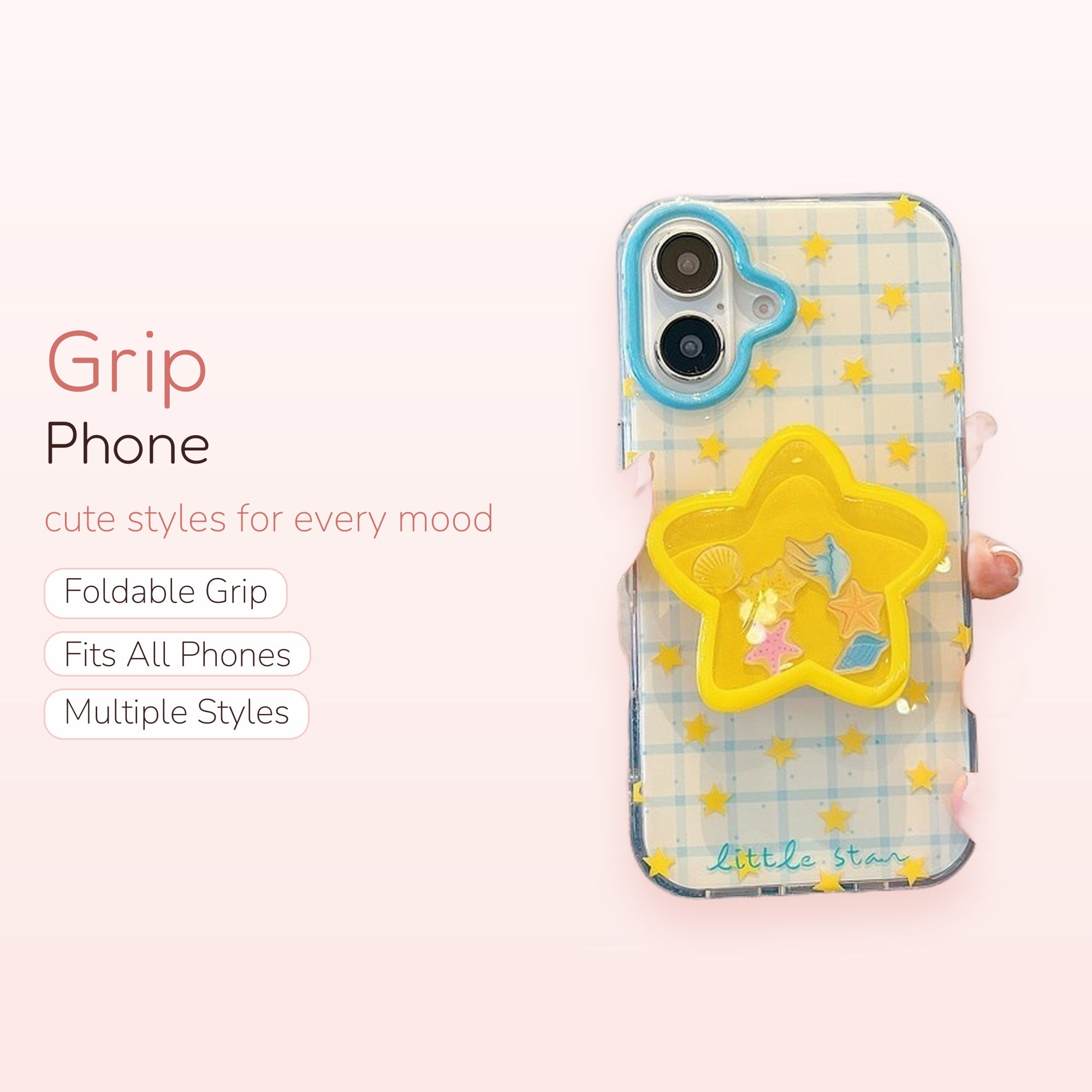 Cute Yellow Star Shaker Phone Grip | Kawaii Clear Plaid Pop Socket Stand