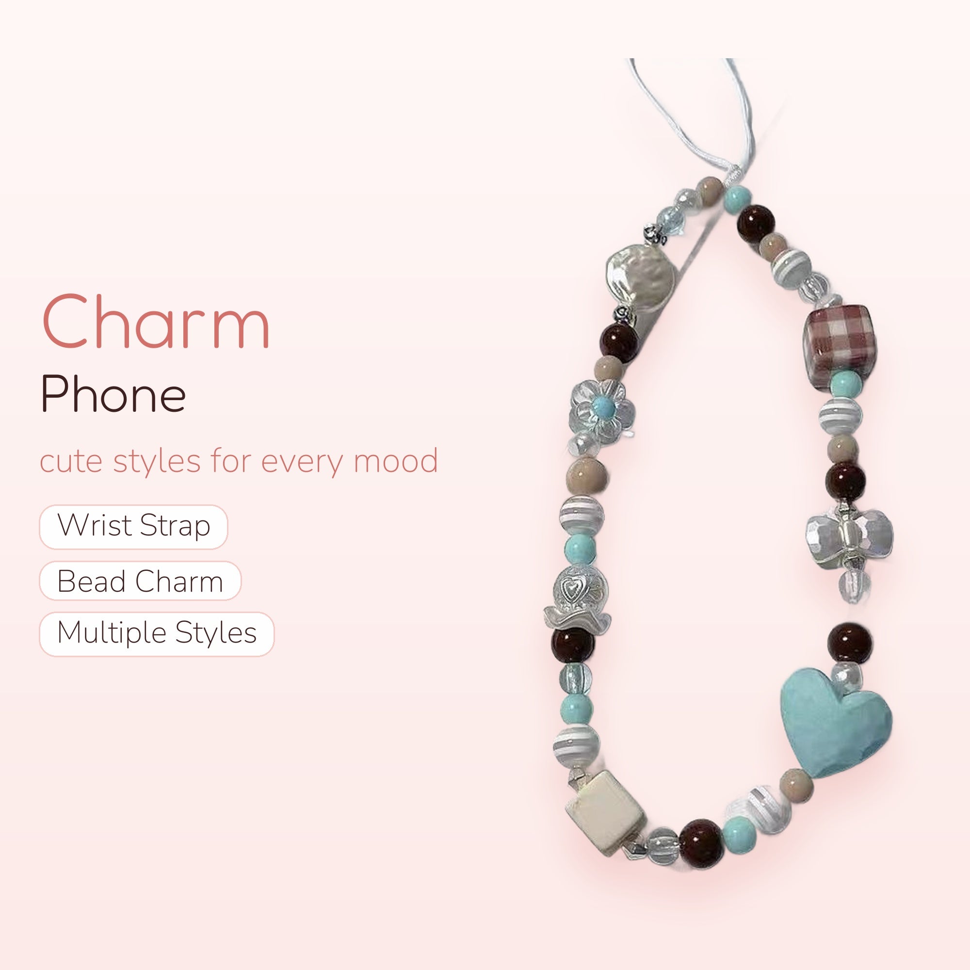 Pastel Beaded Phone Charm Strap | Kawaii Brown & Blue Heart Wrist Lanyard