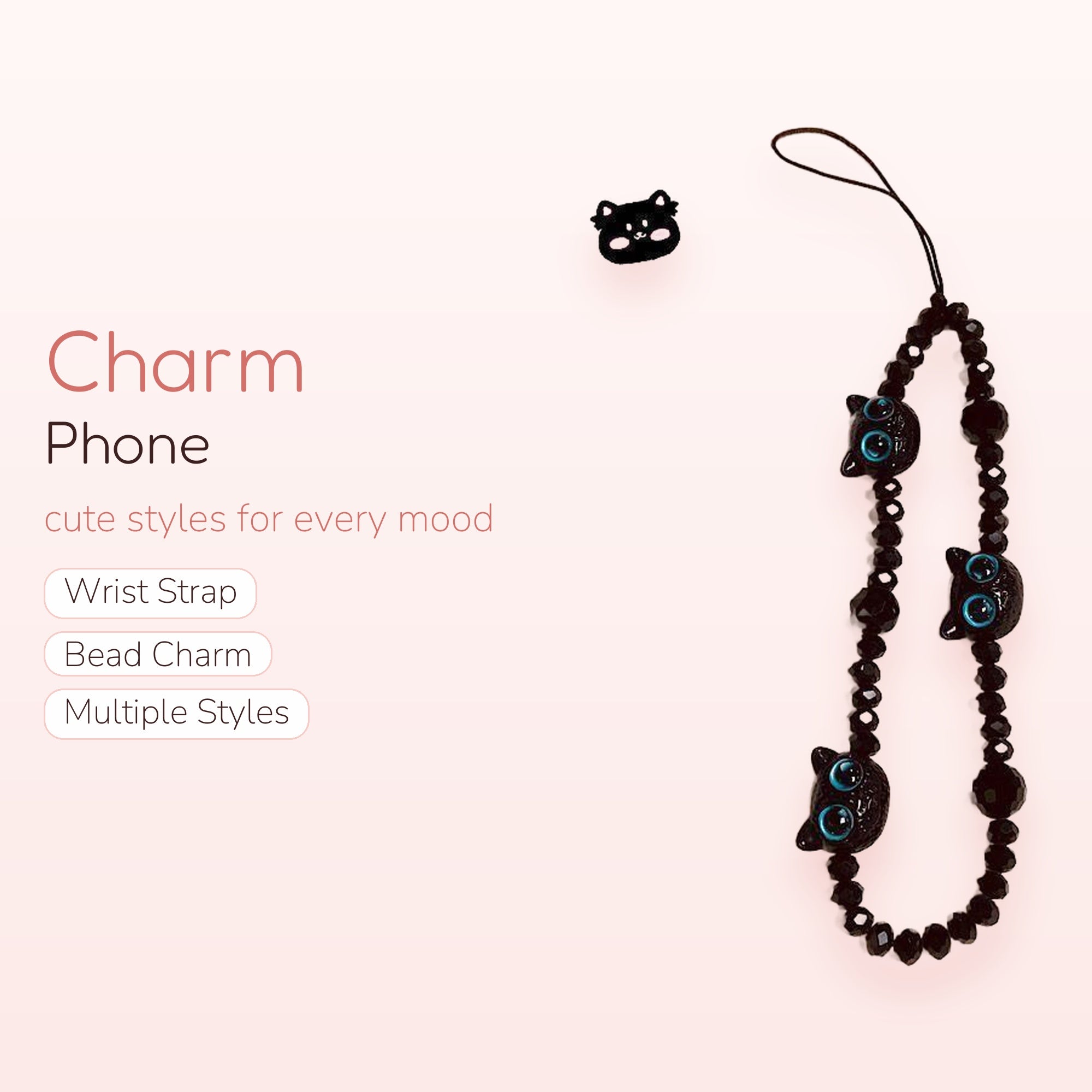 Black Cat Beaded Phone Charm Strap | Kawaii Blue Eyed Kitty Wrist Lanyard