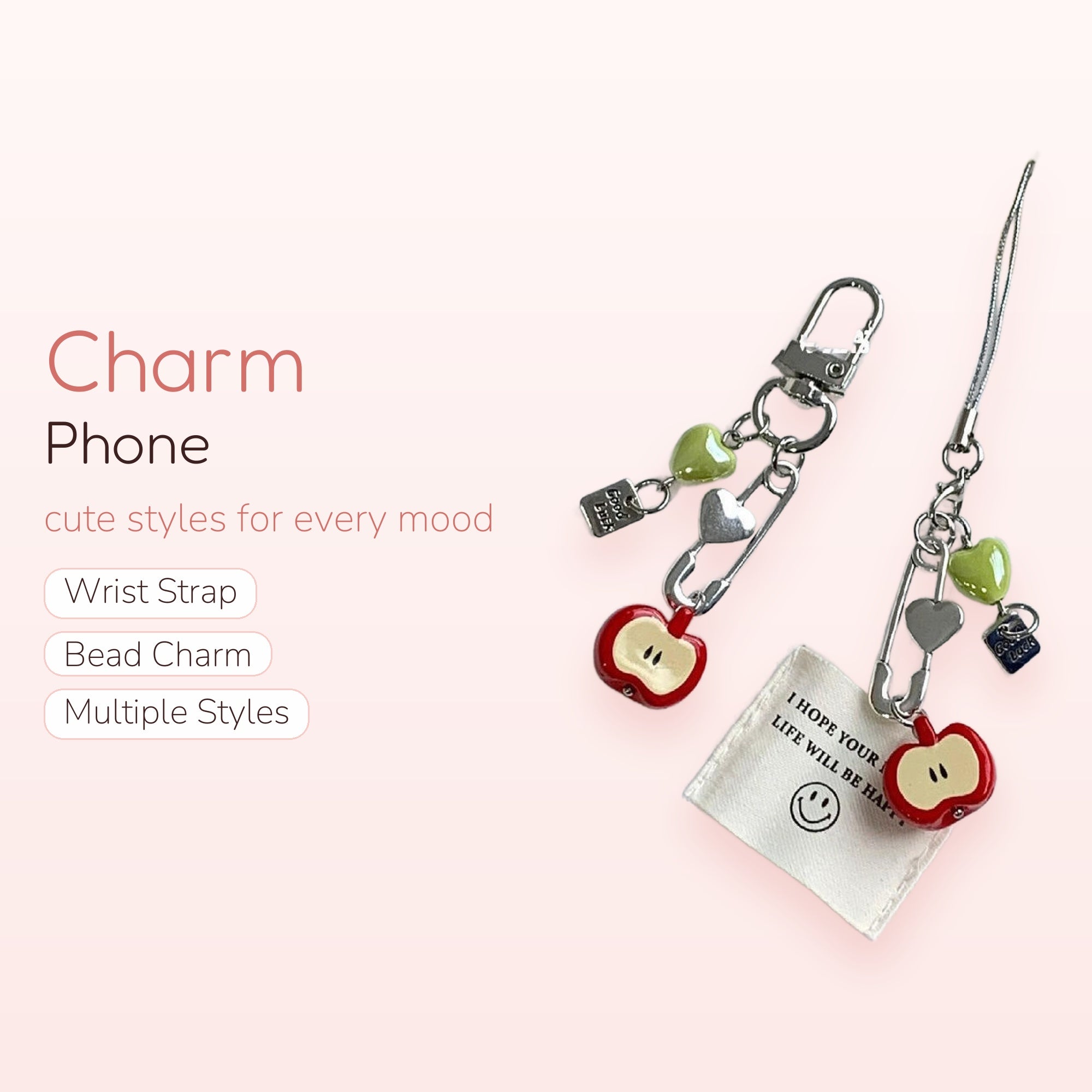 Cute Red Apple & Heart Phone Charm | Aesthetic Safety Pin Keychain Strap
