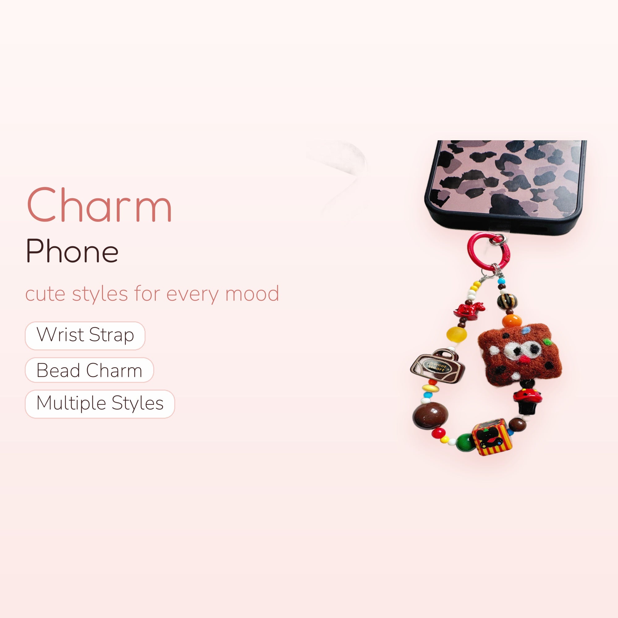 Kawaii Beaded Phone Charm Strap | Cute Brown Felt Character Wrist Lanyard