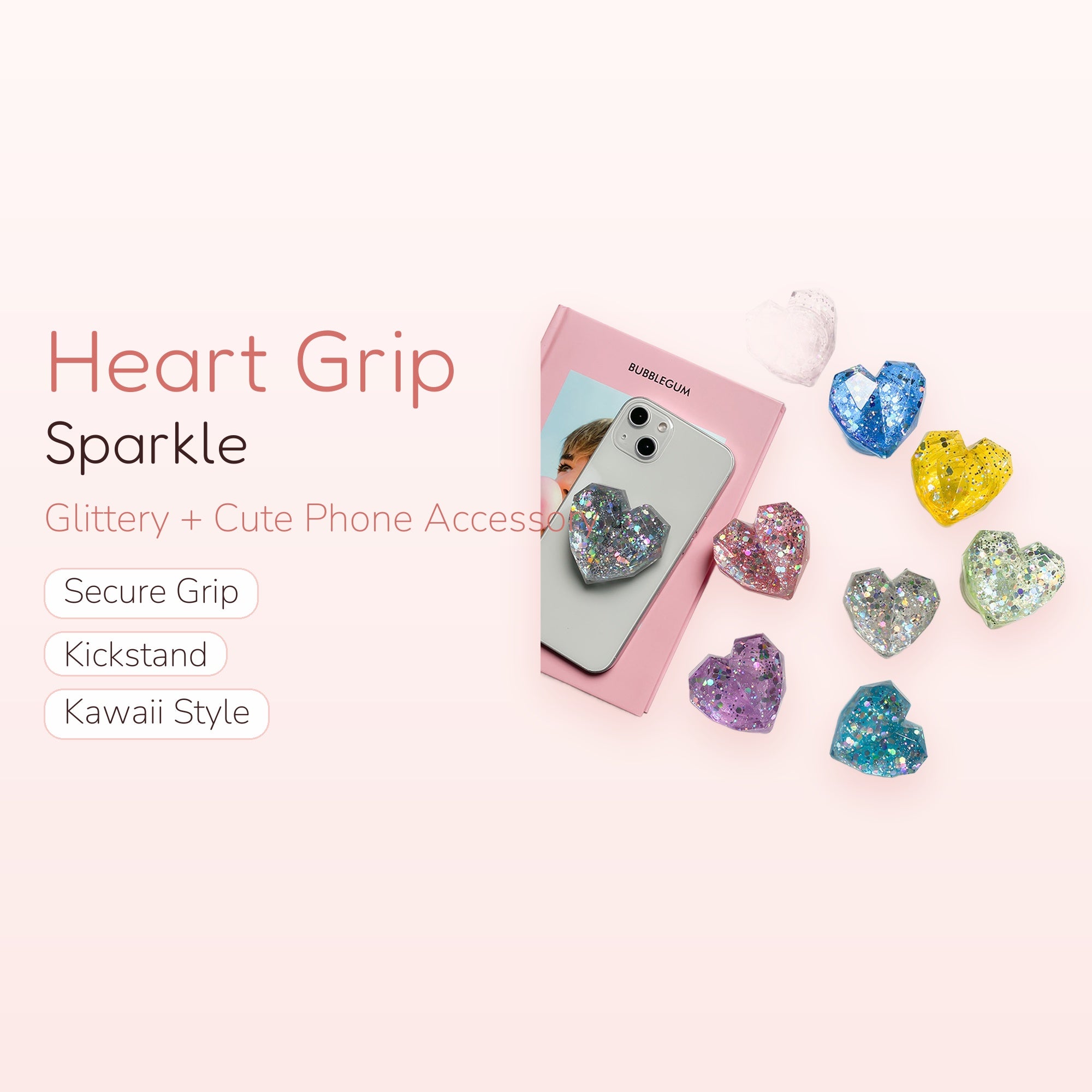 Sparkle Heart Phone Grip Stand | Glitter Pop Socket Holder