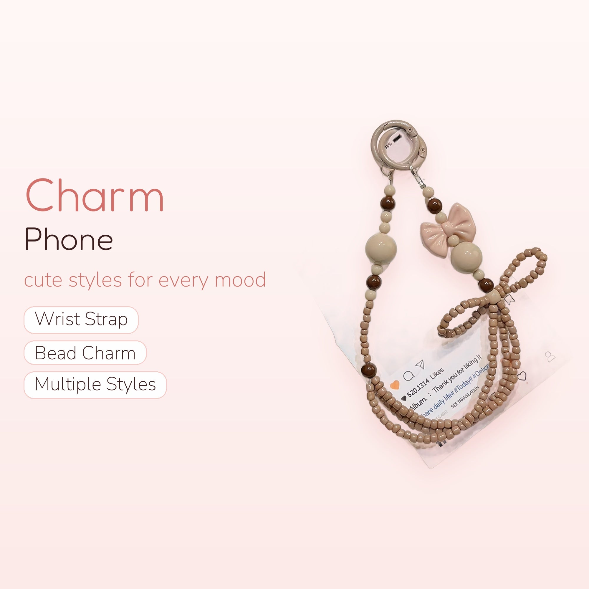 Cute Bow & Bead Phone Charm Strap | Aesthetic Brown & Beige Beaded Wrist Lanyard