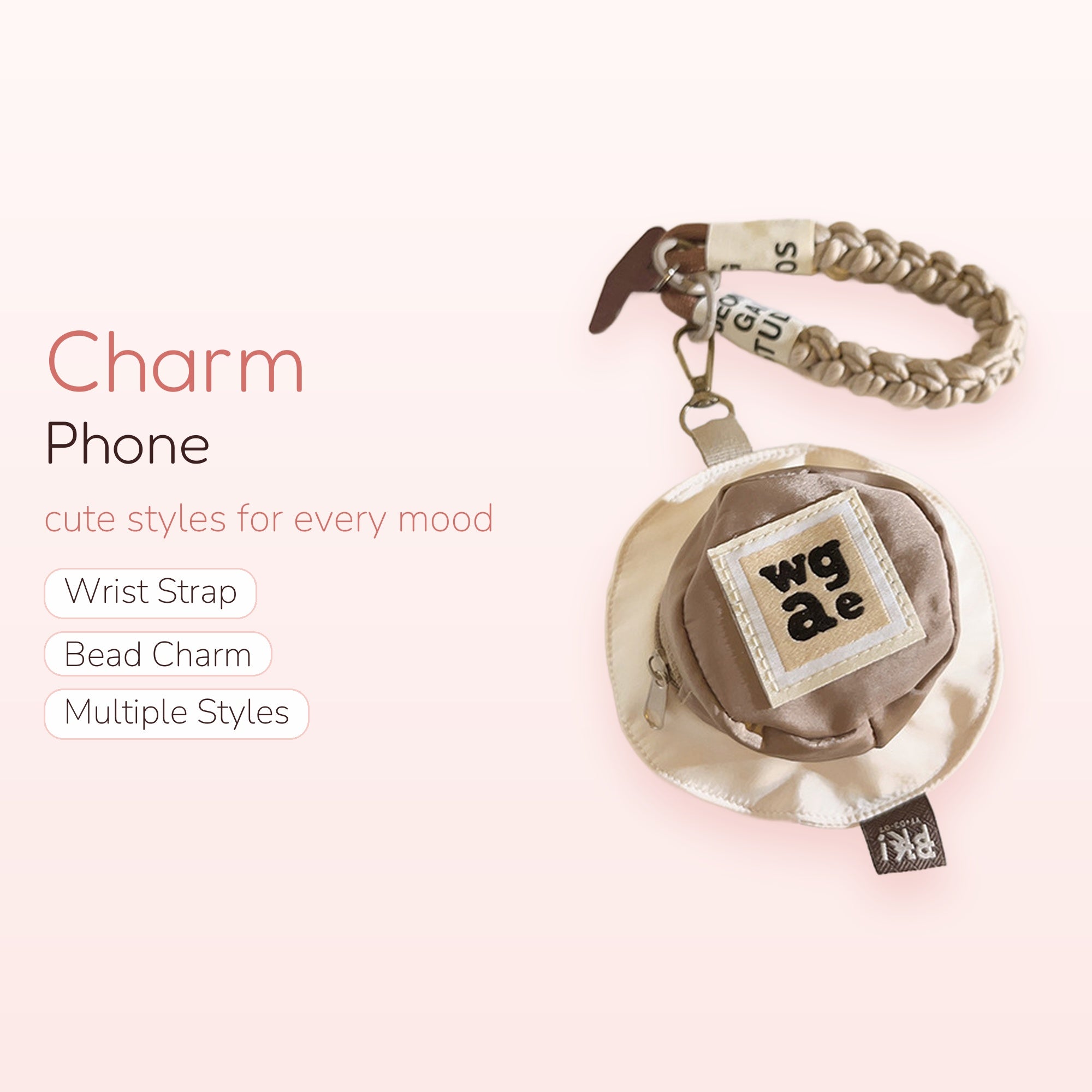 Cute Beige Braided Wristlet Phone Charm | Aesthetic Mini Bucket Hat Keychain