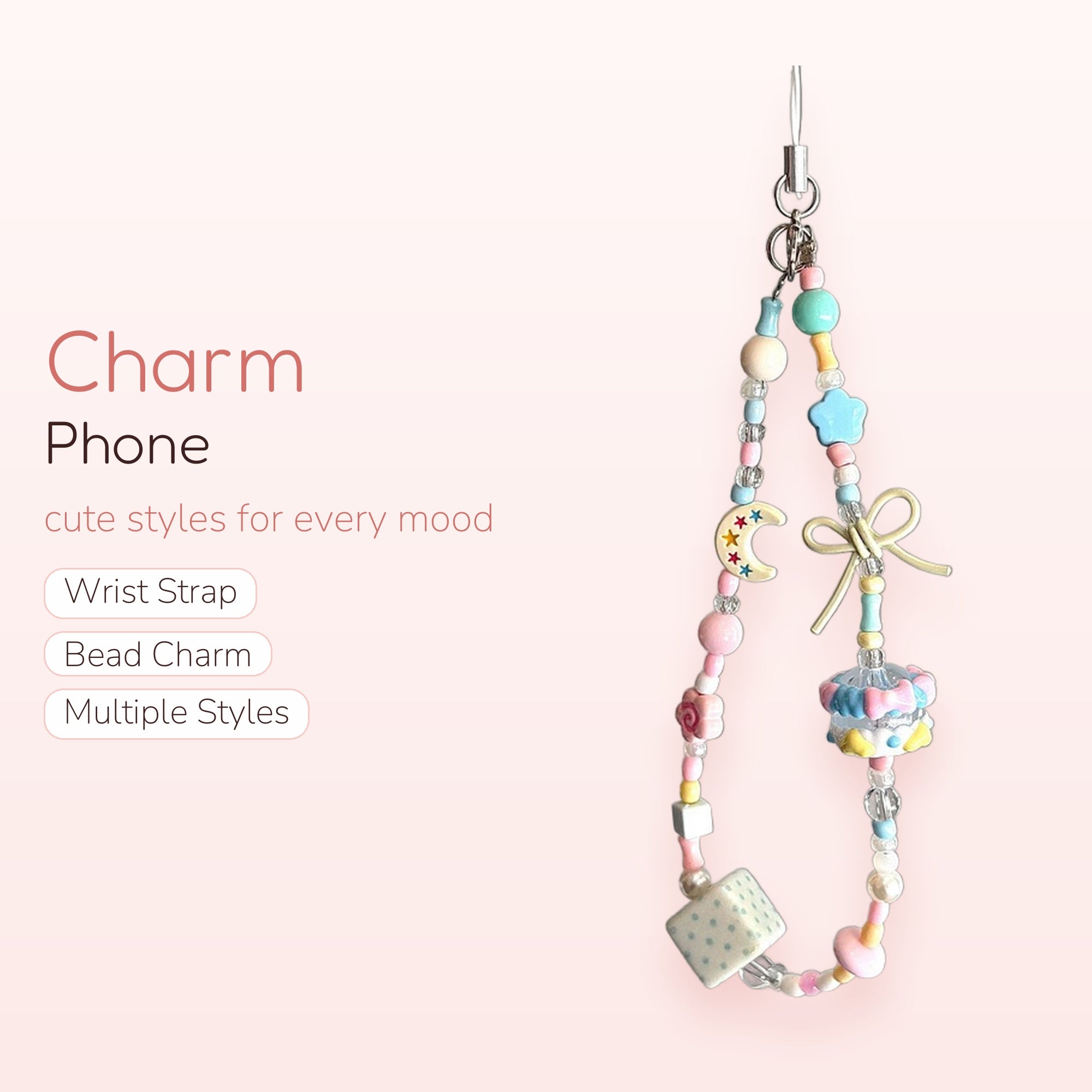 Pastel Beaded Phone Charm Strap | Kawaii Moon Star Bow Cake Cube Lanyard
