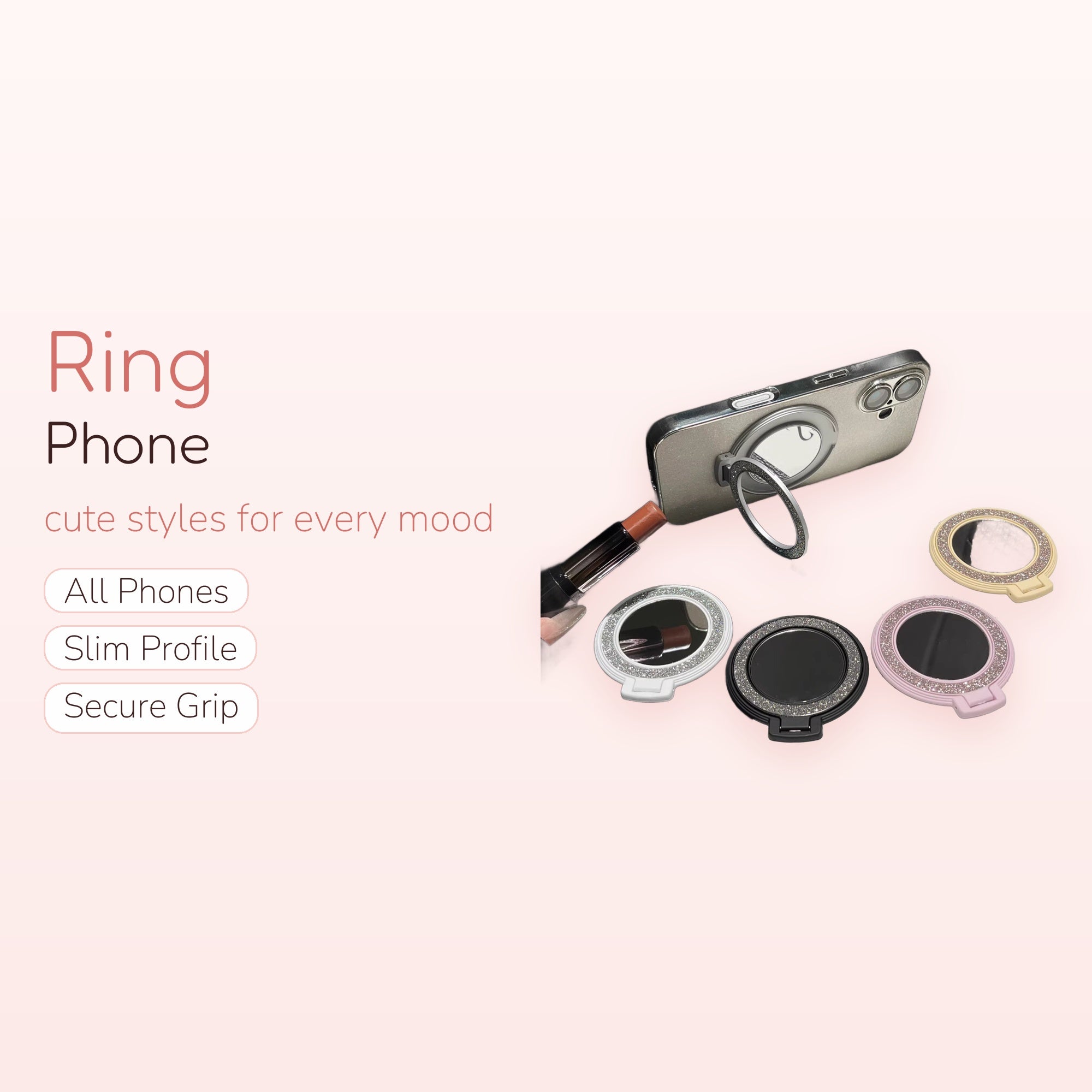 Sparkly Mirror Phone Ring | Cute Glitter Finger Holder Kickstand