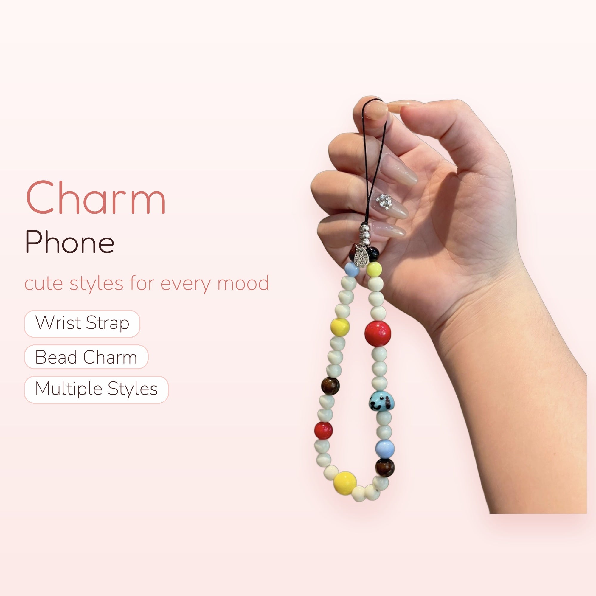 Cute Beaded Phone Charm Strap | Colorful Pearl & Character Wrist Lanyard