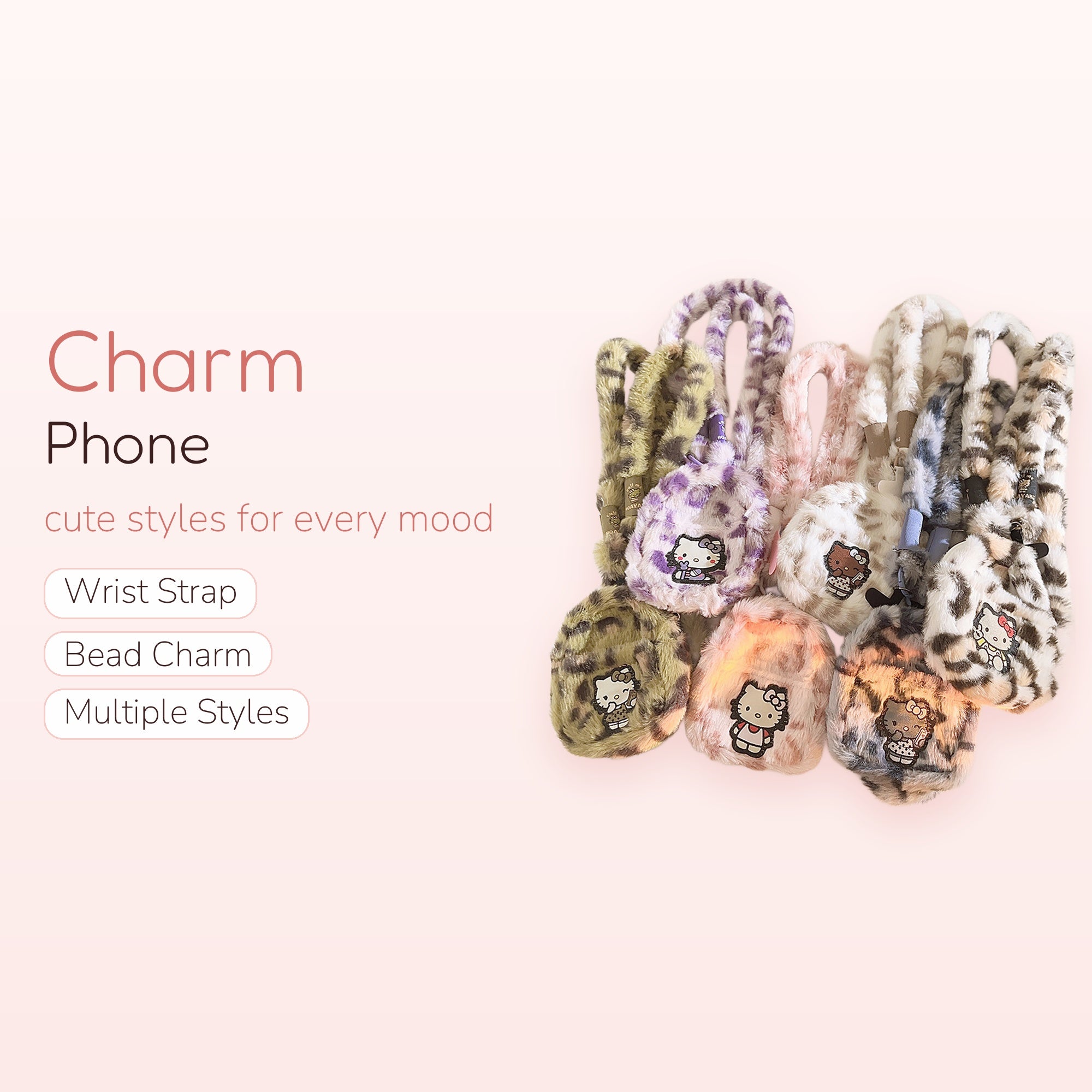 Fluffy Leopard Print Hello Kitty Phone Charm | Cute Faux Fur Wrist Lanyard