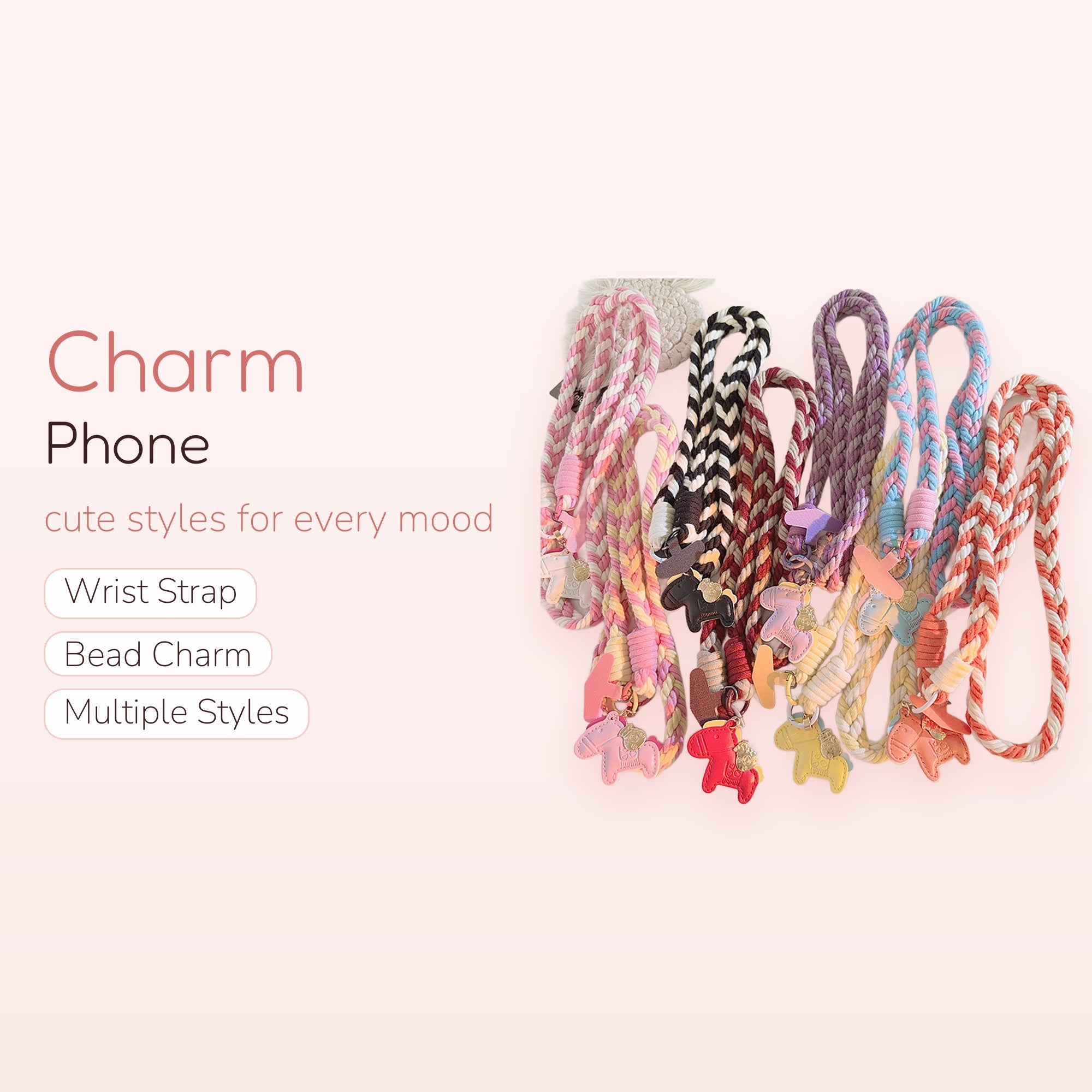 Braided Rope Horse Phone Charm Strap | Kawaii Pastel Wrist Lanyard