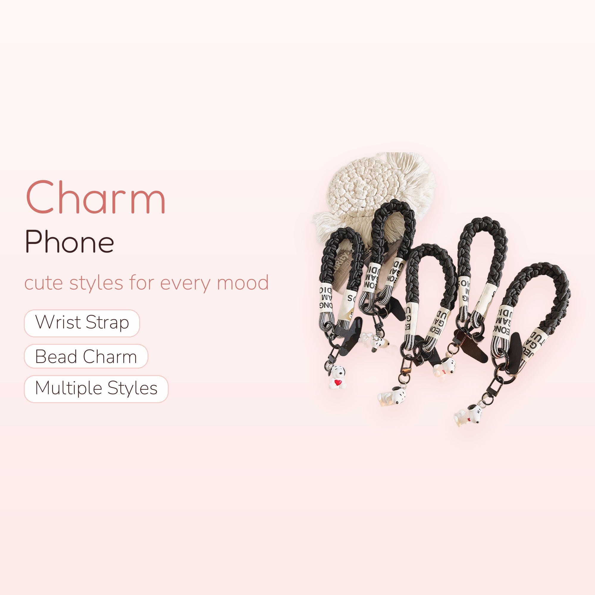 Black Braided Wrist Phone Charm | Cute Snoopy Dog Lanyard Strap