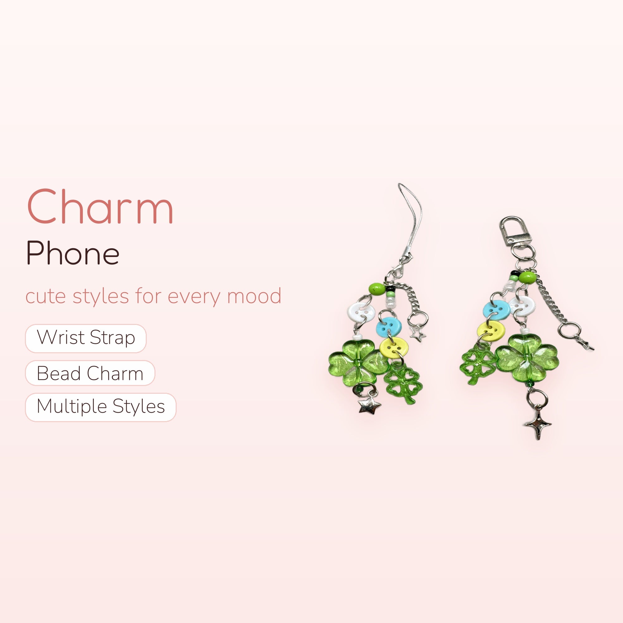 Y2K Green Clover & Button Phone Charm | Aesthetic Beaded Wrist Strap