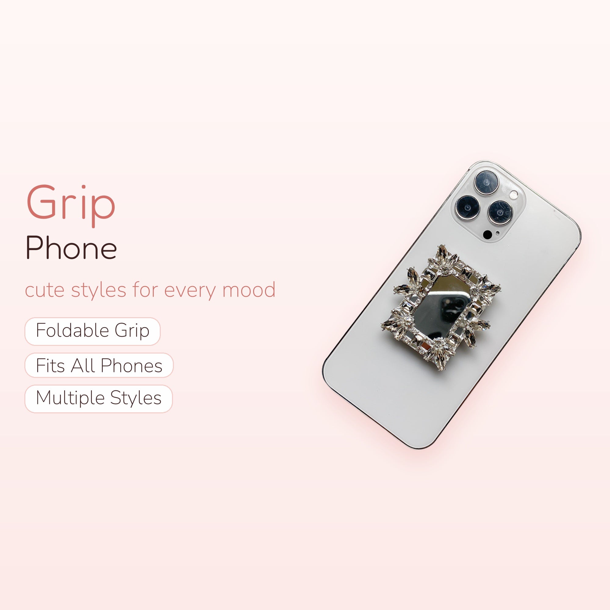 Rhinestone Mirror Phone Grip | Glamorous Crystal Pop Socket Stand