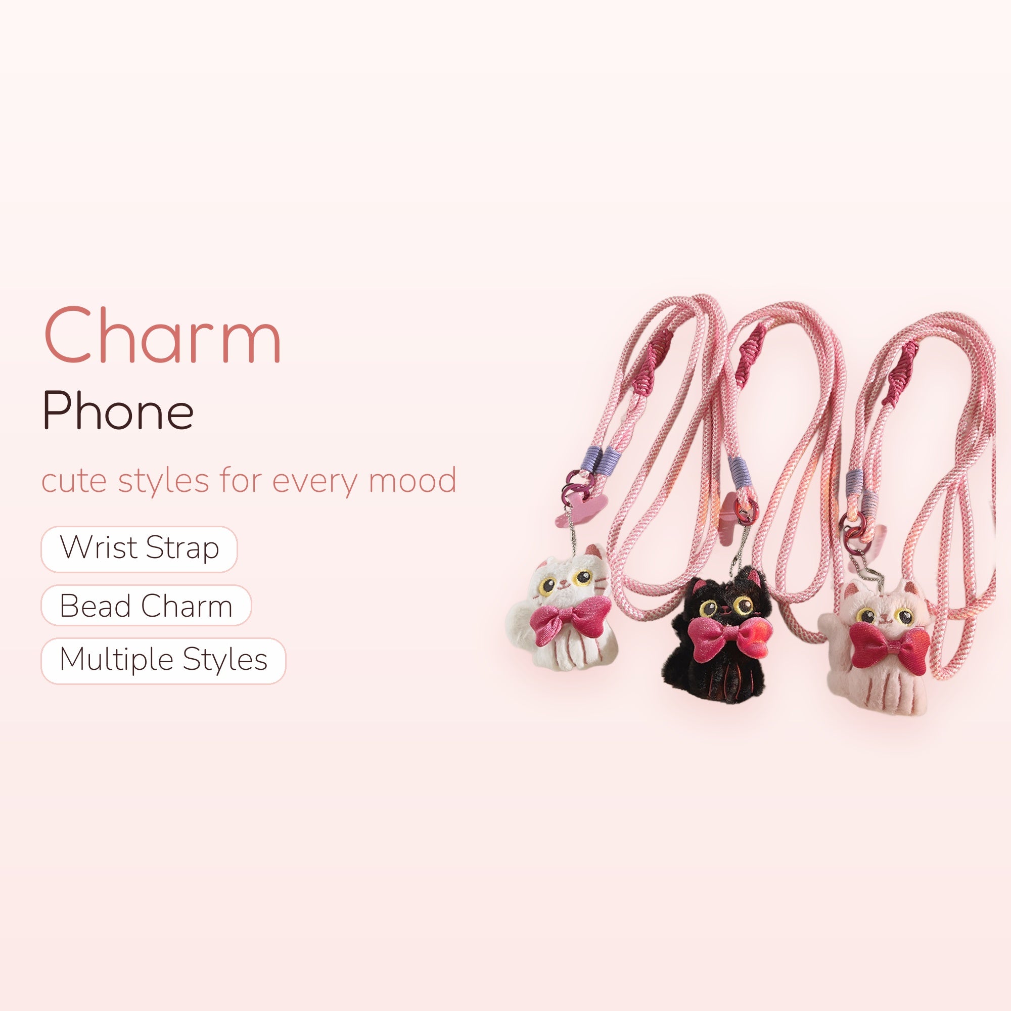 Cute Plush Cat Phone Charm Lanyard | Kawaii Pink Rope Strap with Kitty Pendants