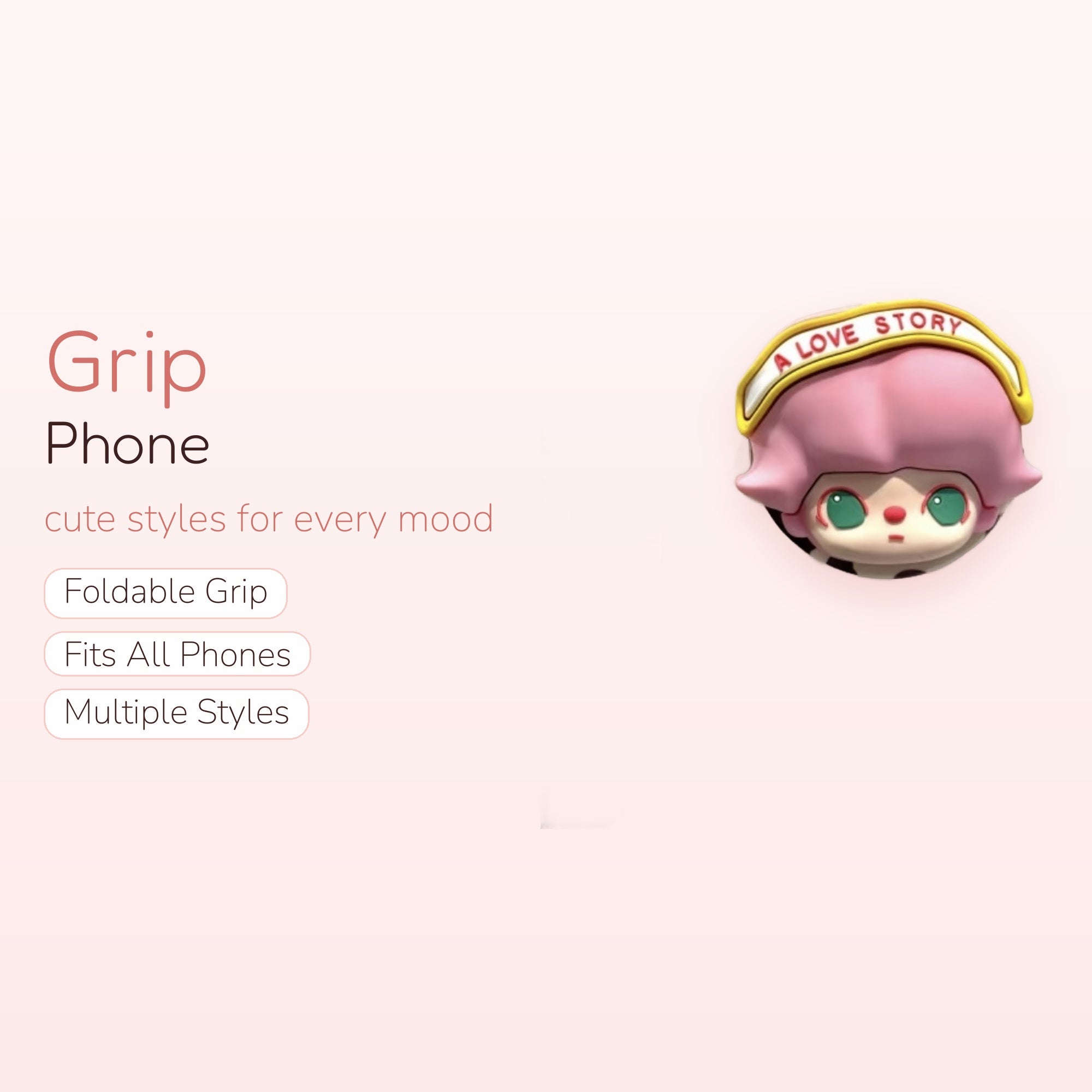 Kawaii Pink Hair Girl Phone Grip | Cute "A Love Story" Pop Socket Stand