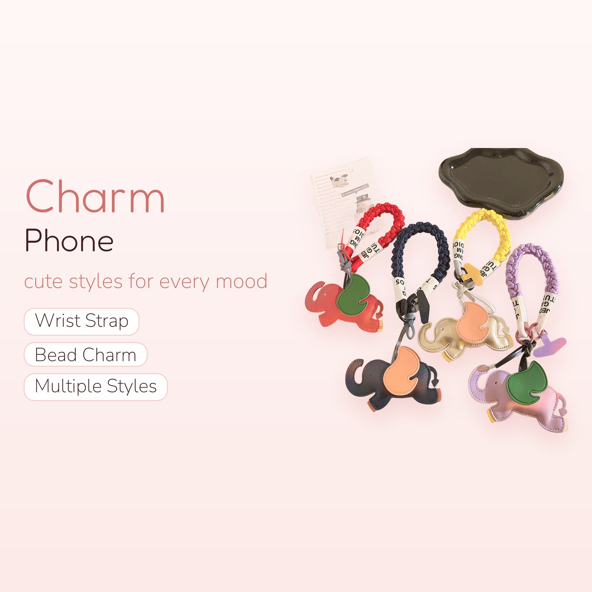 Cute Elephant Leather Phone Charm Strap | Colorful Braided Wrist Lanyard