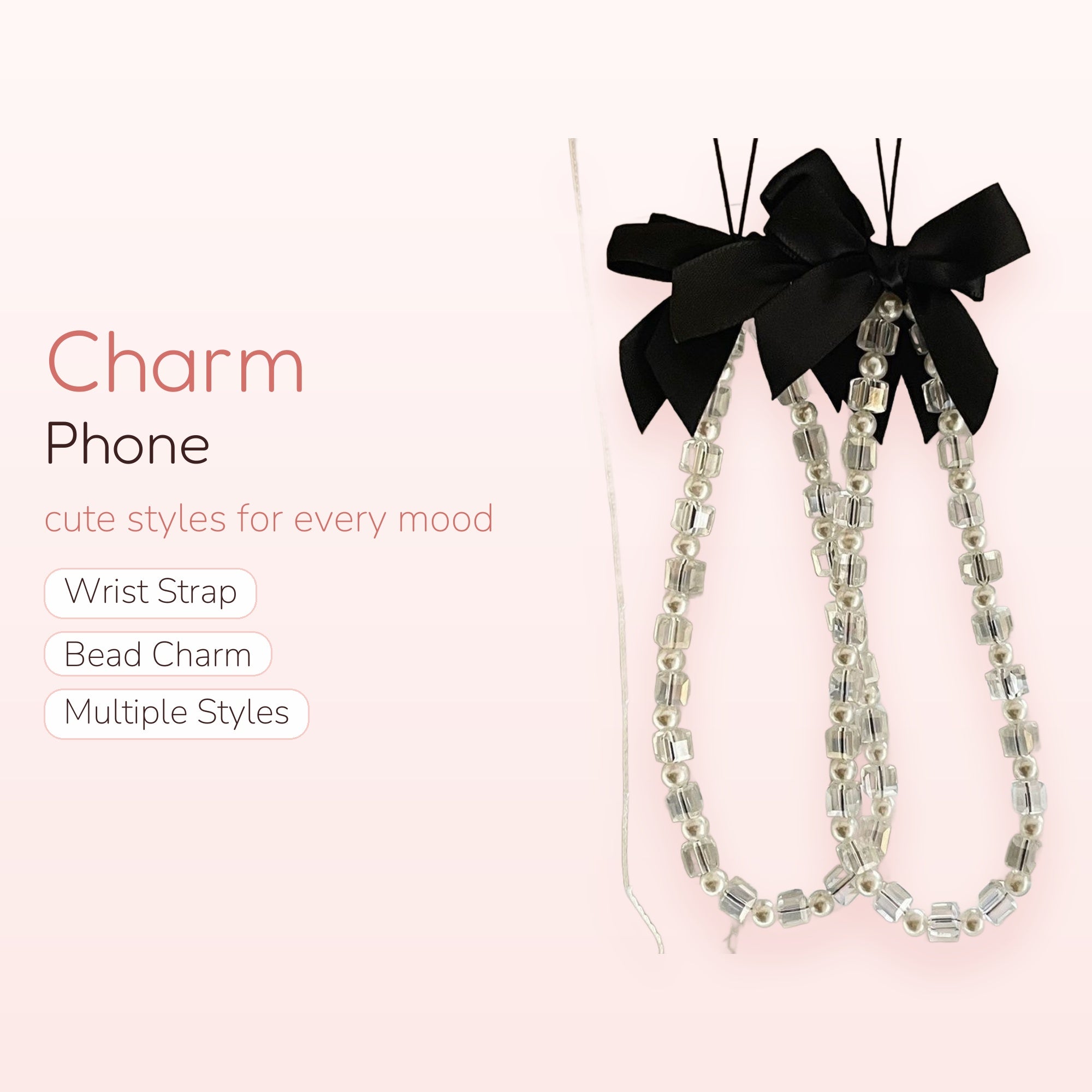 Clear Cube & Pearl Phone Charm Strap | Aesthetic Beaded Wrist Lanyard