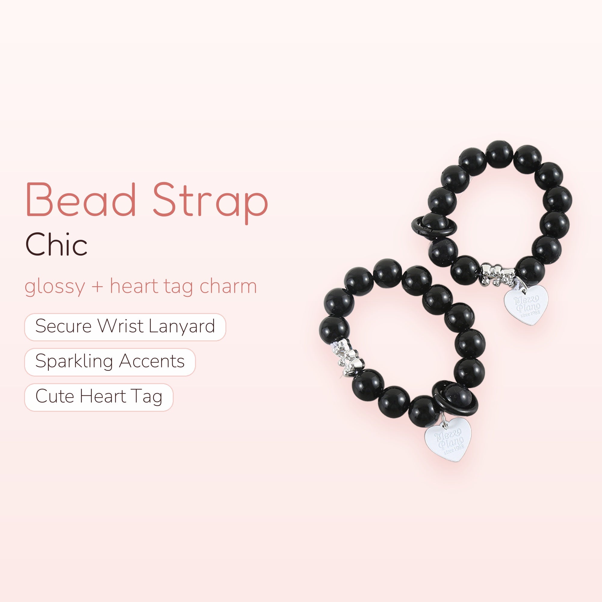Chic Black Bead Phone Charm Strap | Heart Tag Wrist Lanyard