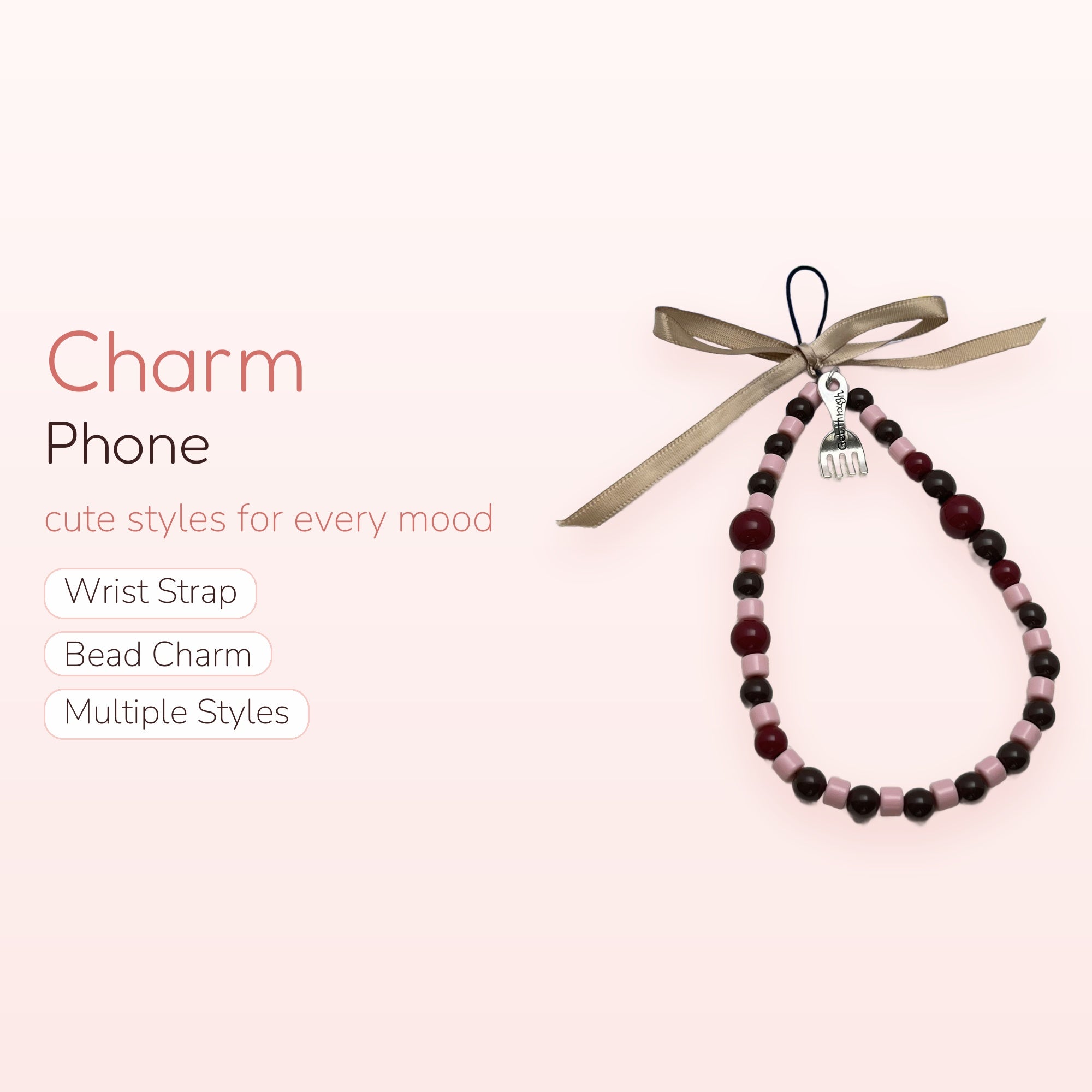 Maroon & Pink Beaded Phone Charm | Cute Fork Charm Wrist Strap