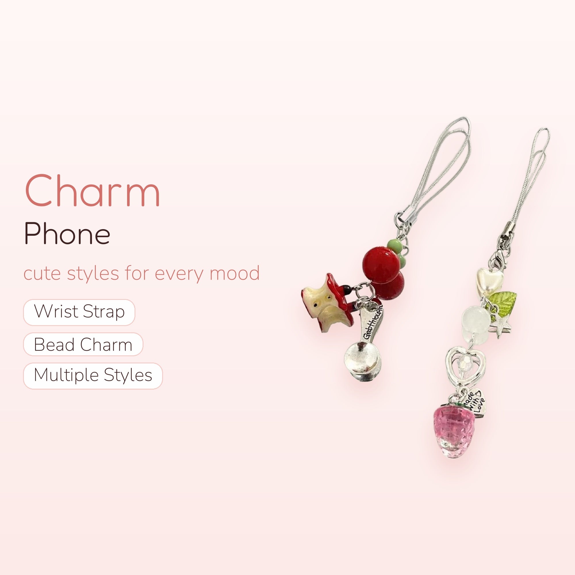 Kawaii Apple & Strawberry Phone Charm Strap | Cute Fruit Beaded Wrist Lanyard