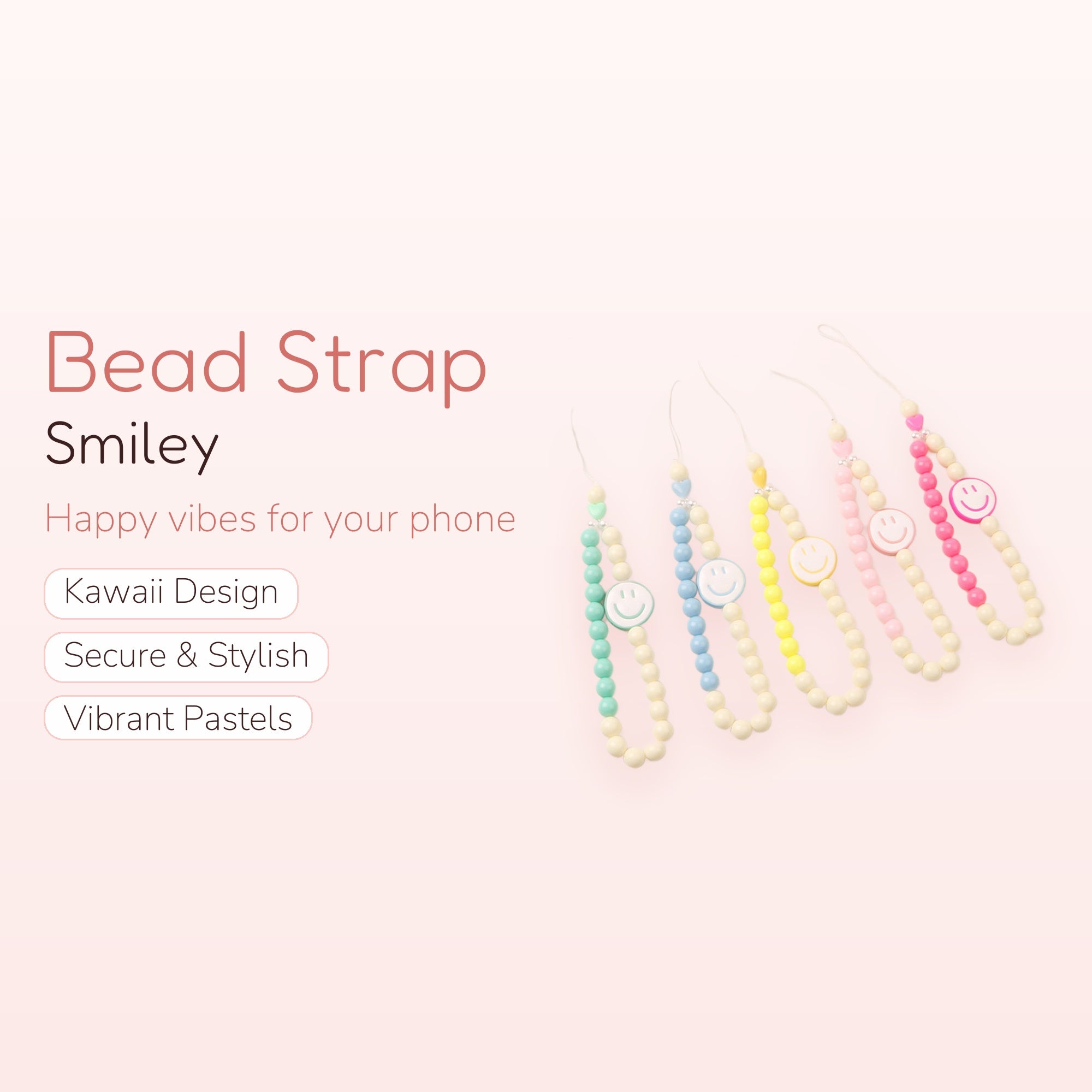 Kawaii Smiley Face Phone Charm Strap | Pastel Beaded Wrist Lanyard | Y2K Aesthetic | Cute Phone Accessory | Gift for Her