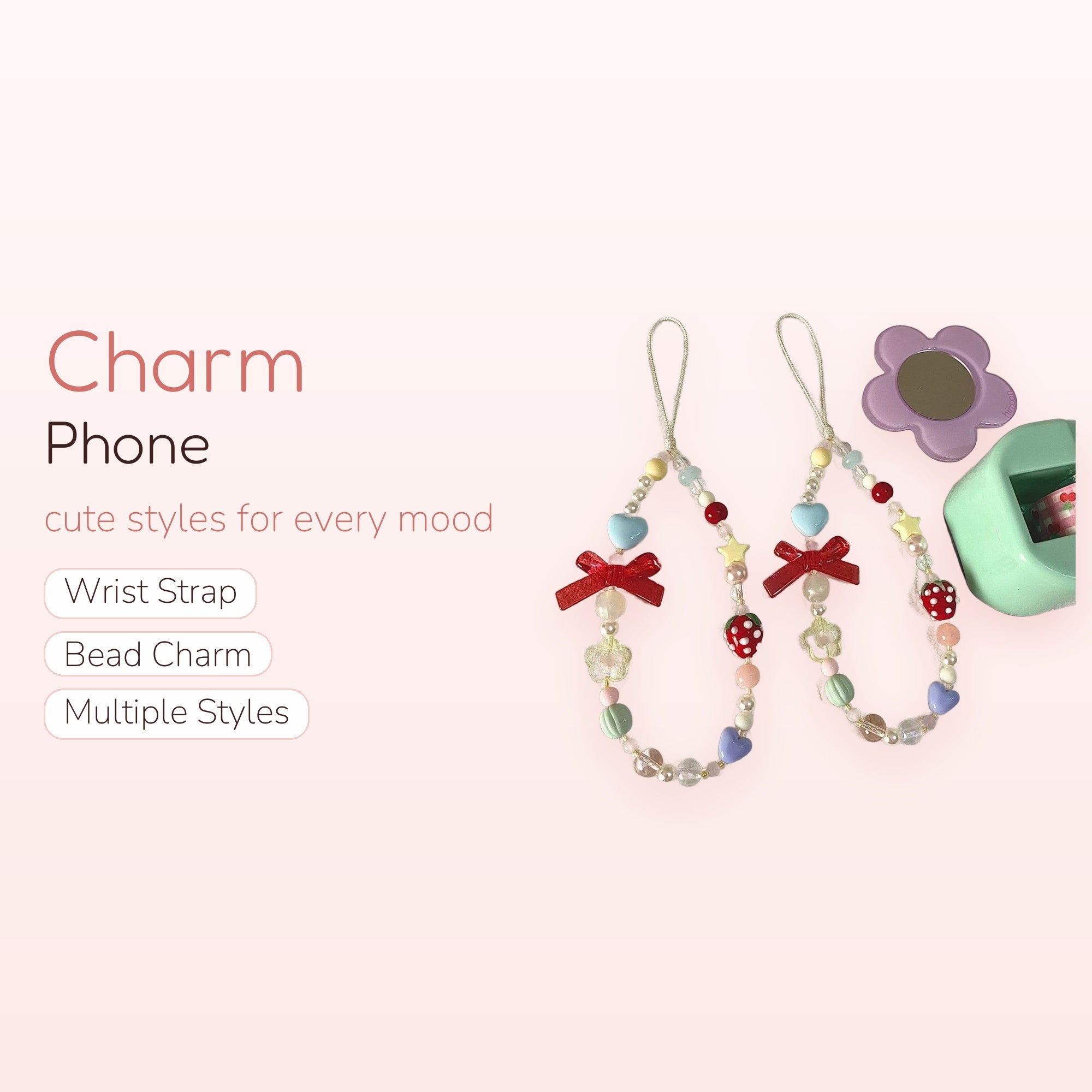 Kawaii Pastel Beaded Phone Charm Strap | Strawberry & Heart Wrist Lanyard