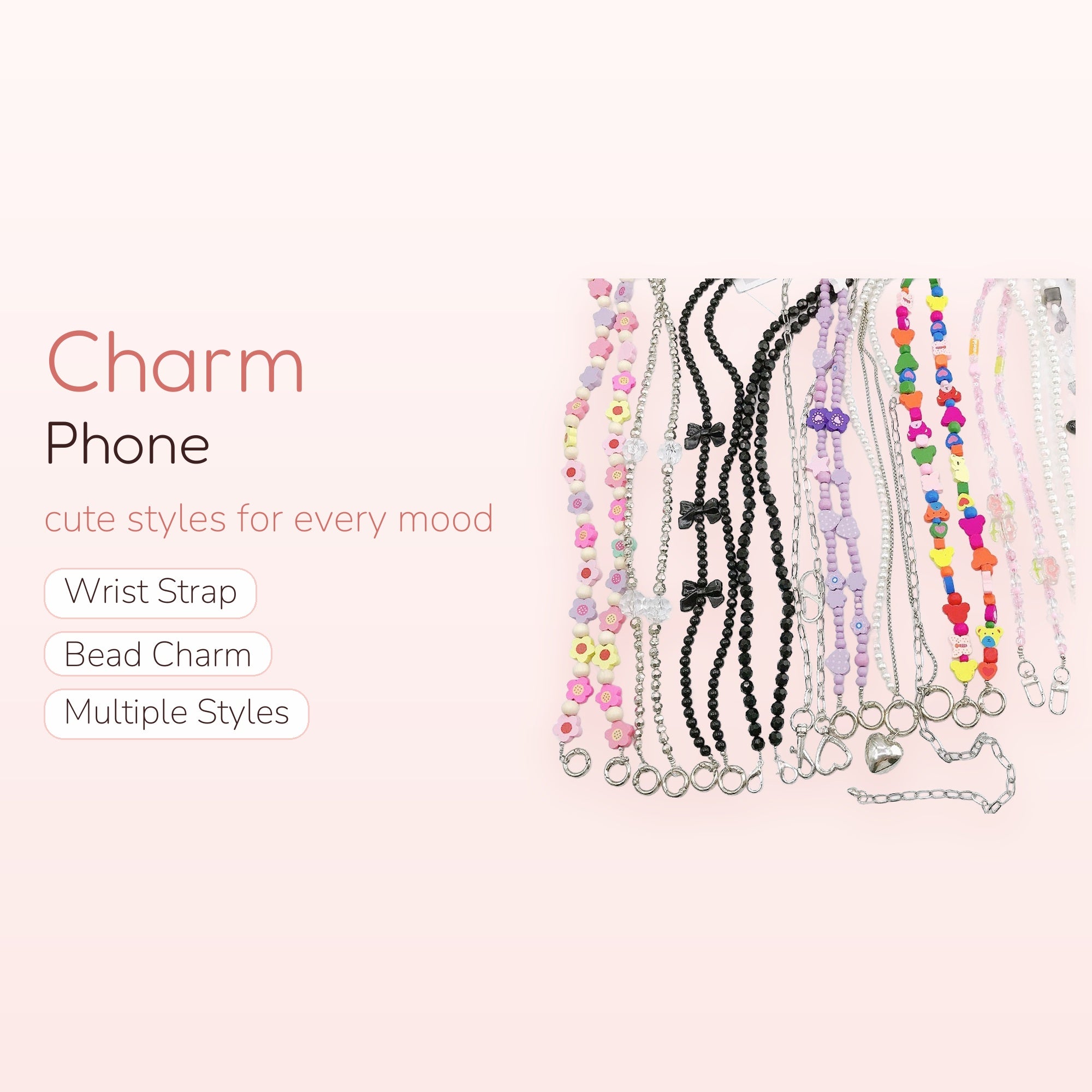 Kawaii Beaded Phone Charm Lanyard Collection | Pastel Flower & Bow Wrist Straps